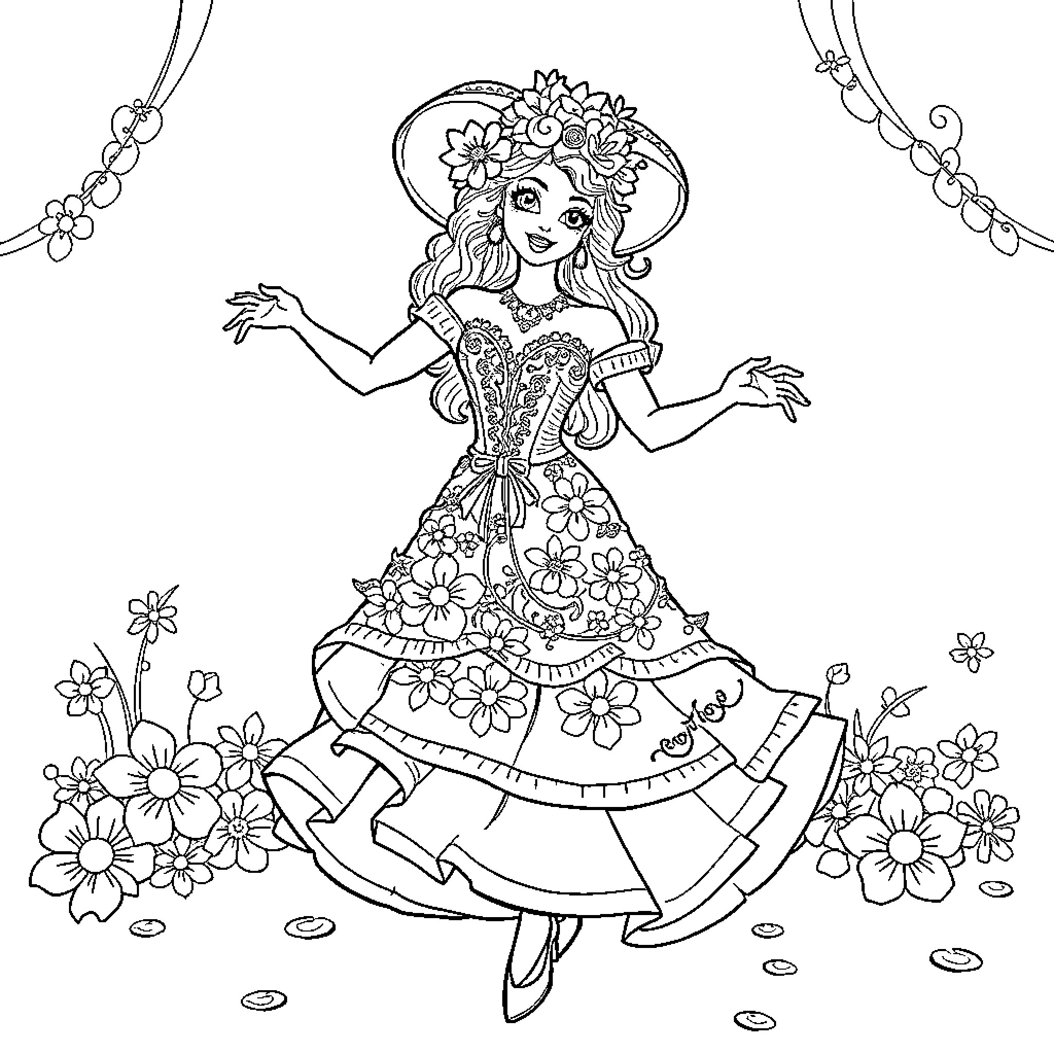 Catrina in Floral Fiesta Flair Coloring Page (free black-and-white line drawing printable PDF for all, from beginners to advanced learners, including children, teens, adults, and seniors)