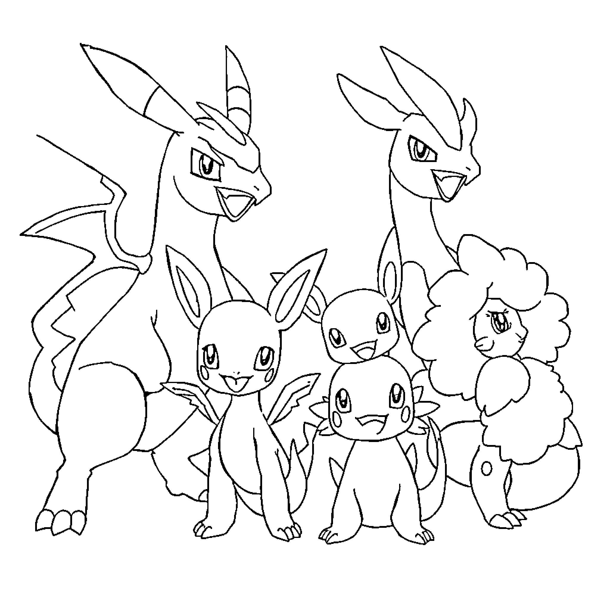 Pokémon characters in a group pose Coloring Page (free black-and-white line drawing printable PDF for all, from beginners to advanced learners, including children, teens, adults, and seniors)
