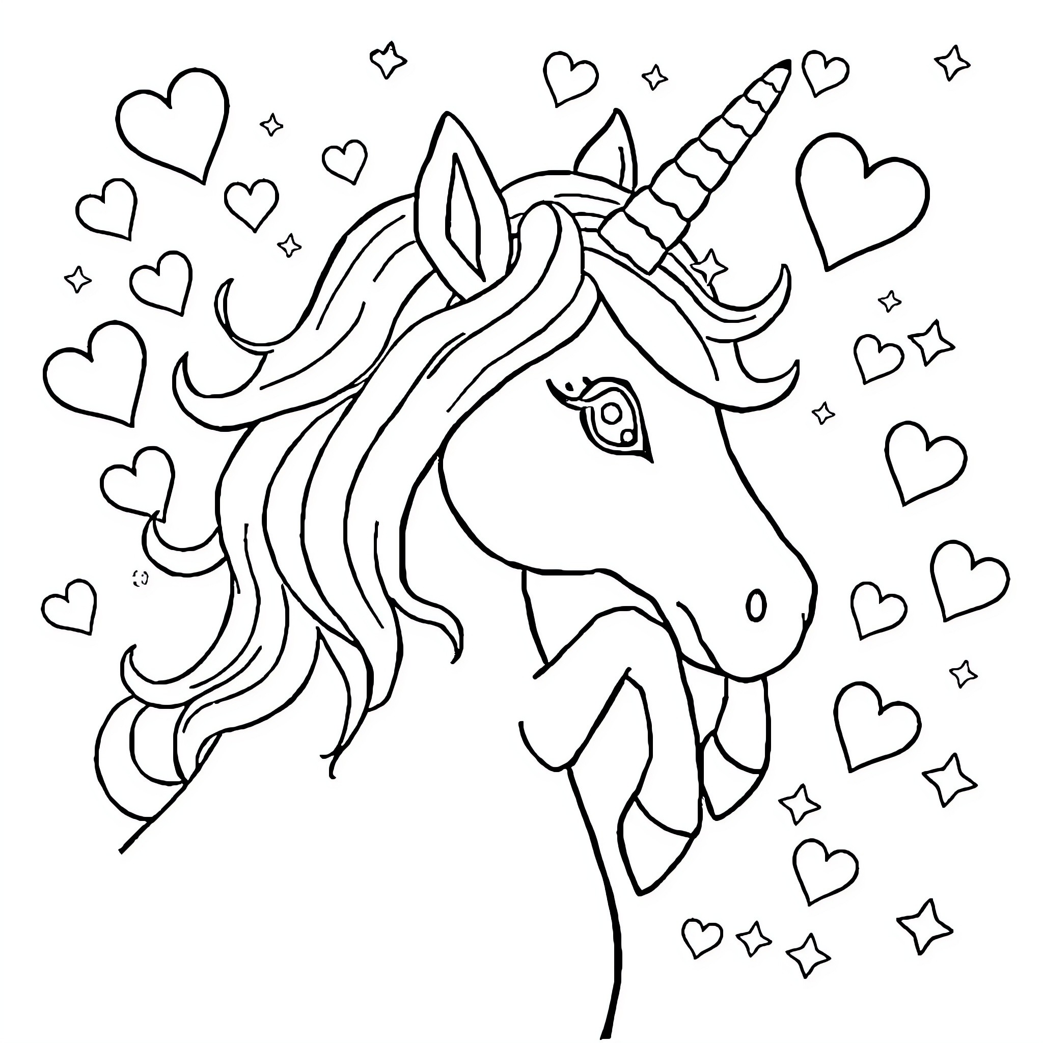 Unicorn with flowing mane surrounded by hearts and stars Coloring Page (free black-and-white line drawing printable PDF for all, from beginners to advanced learners, including children, teens, adults, and seniors)