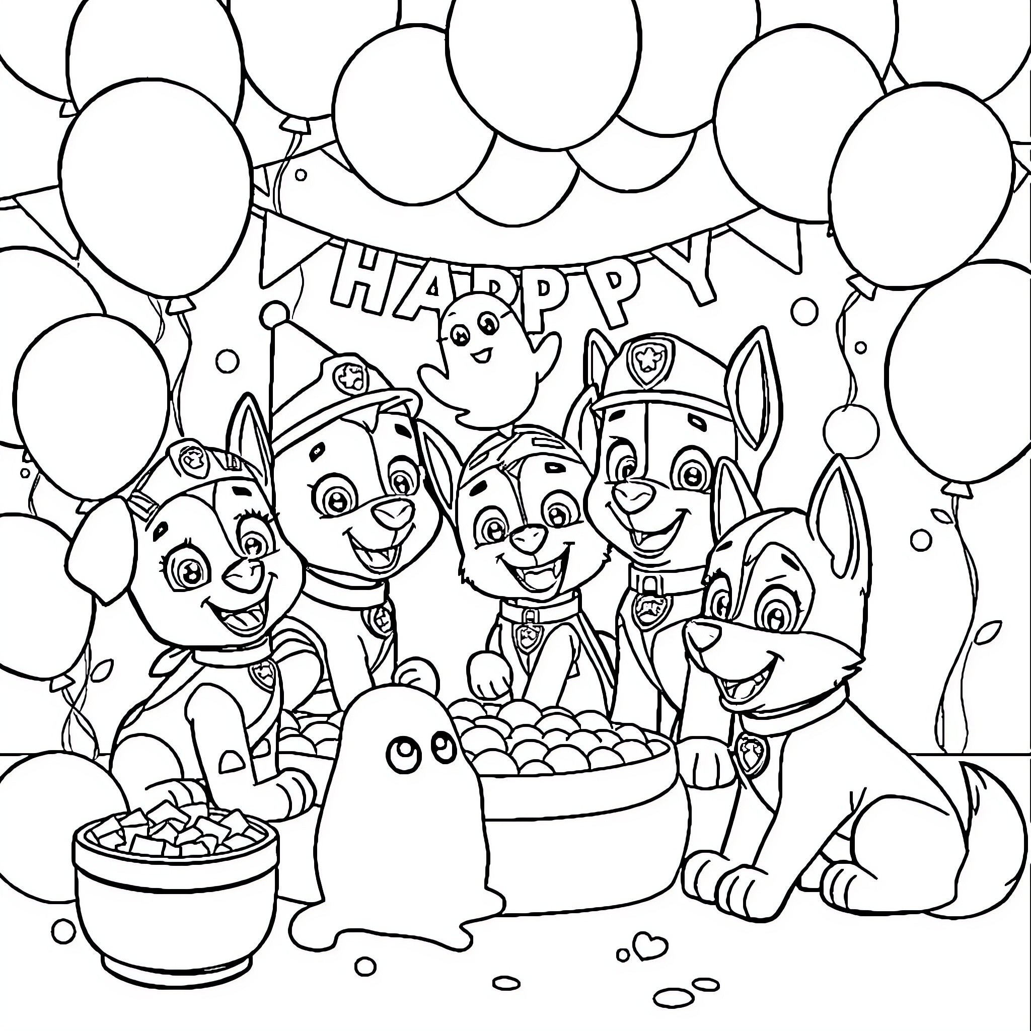 Paw Patrol Celebrating a Happy Birthday Party Coloring Page (free black-and-white line drawing printable PDF for all, from beginners to advanced learners, including children, teens, adults, and seniors)