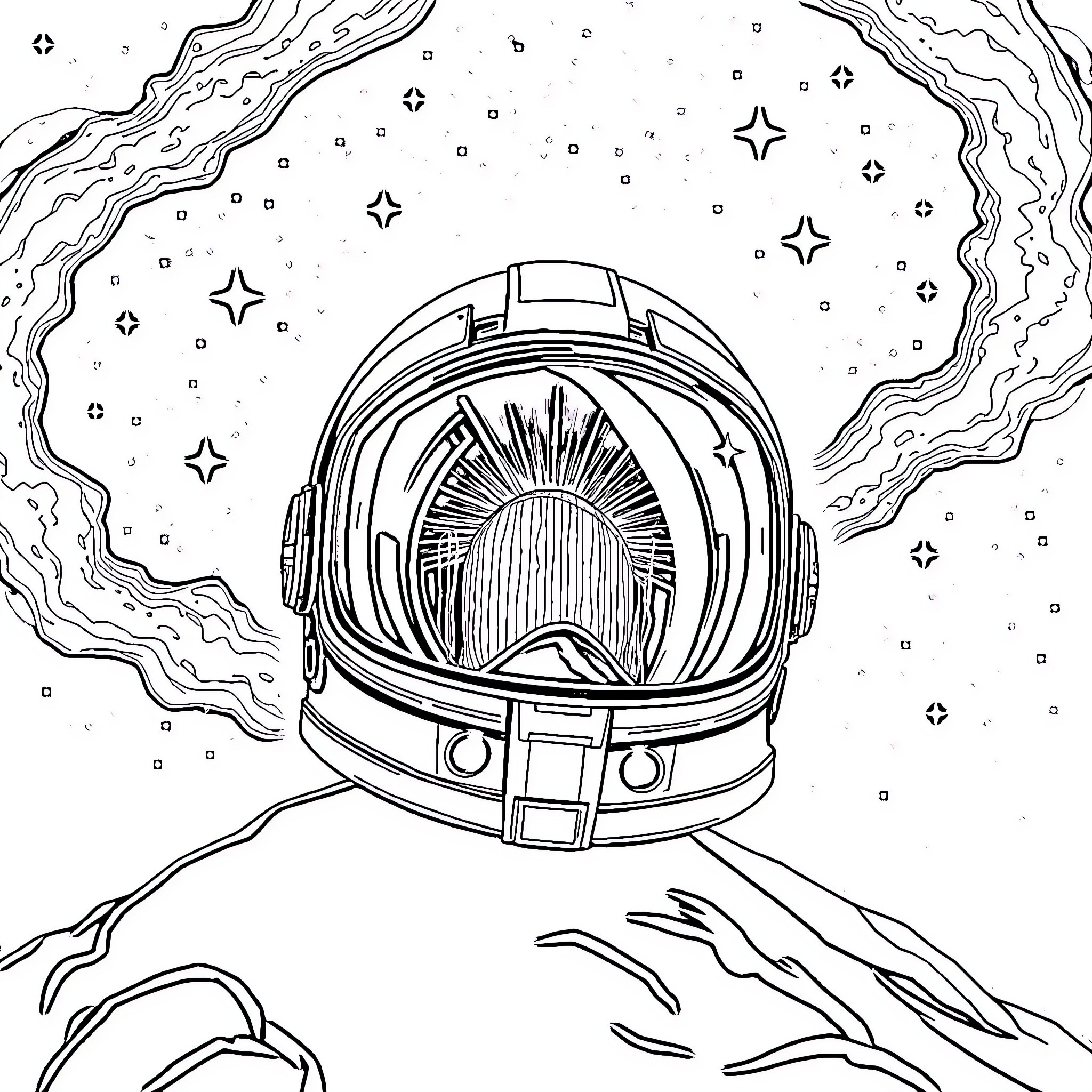 Helmet exploring the cosmic galaxy Coloring Page (free black-and-white line drawing printable PDF for all, from beginners to advanced learners, including children, teens, adults, and seniors)
