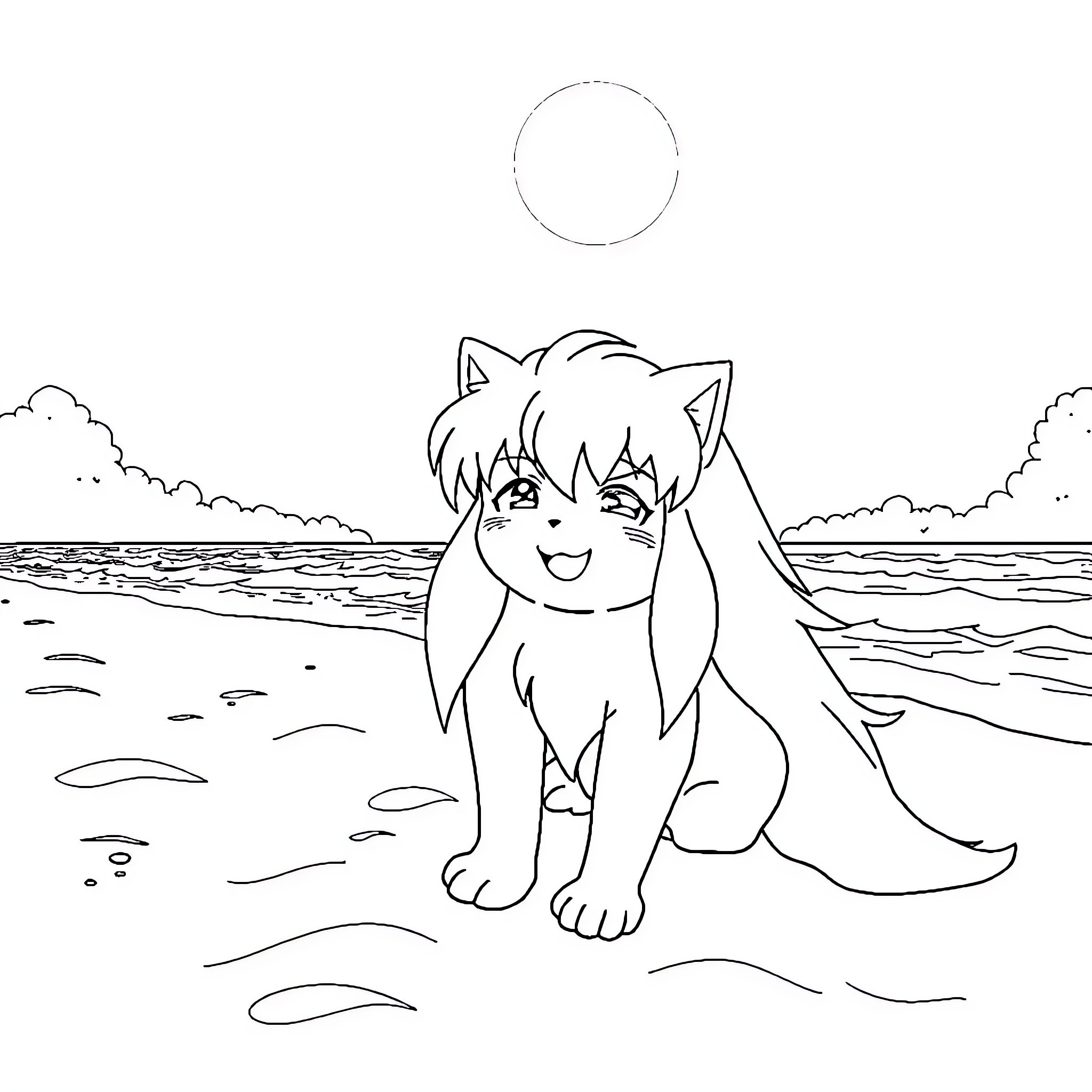Sesshomaru relaxing by the seaside Coloring Page (free black-and-white line drawing printable PDF for all, from beginners to advanced learners, including children, teens, adults, and seniors)