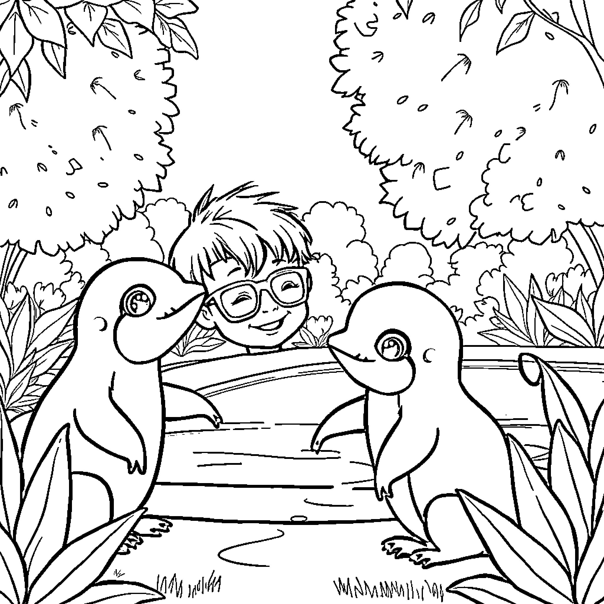Niño exploring nature with curious penguins Coloring Page (free black-and-white line drawing printable PDF for all, from beginners to advanced learners, including children, teens, adults, and seniors)