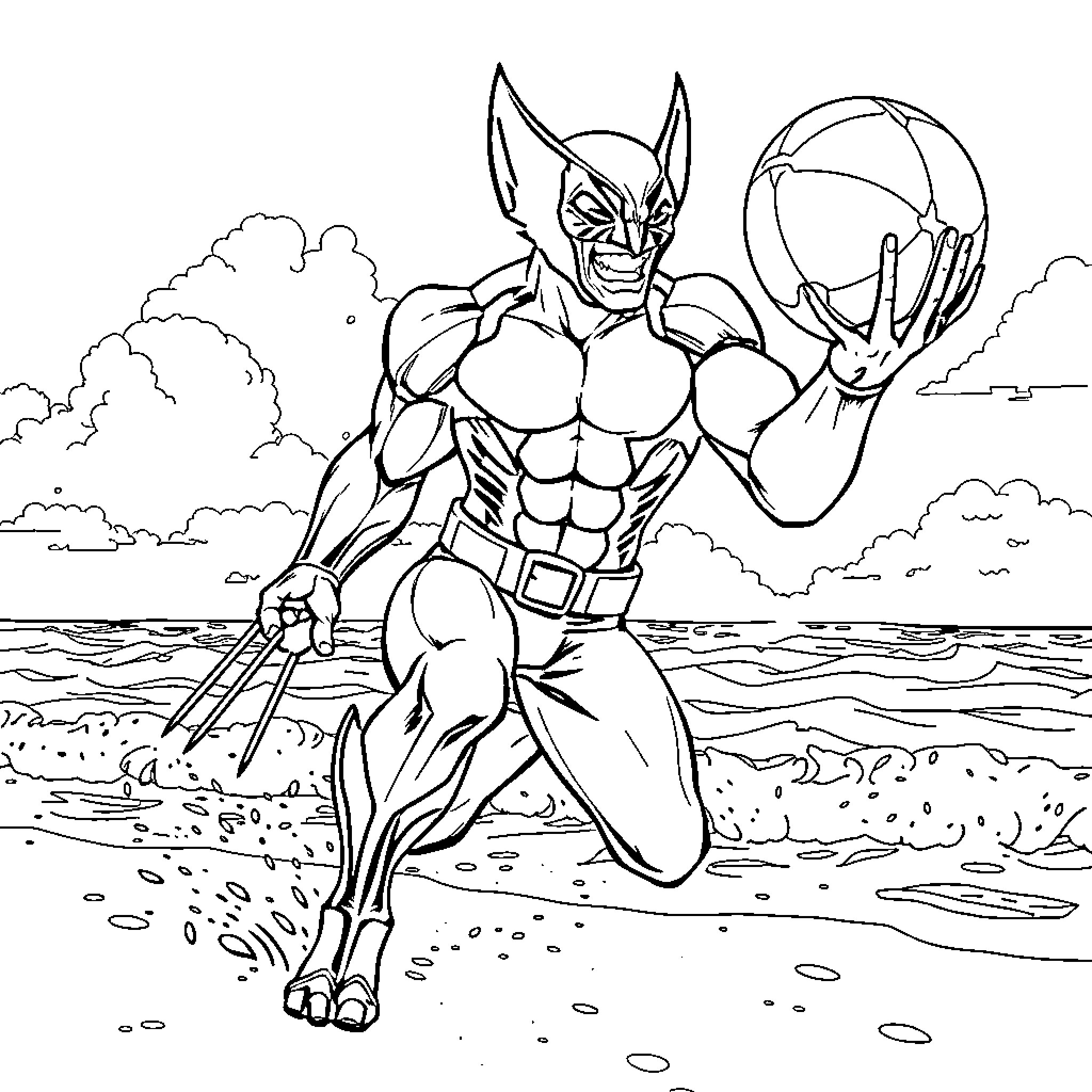 Wolverine Unleashing Claws on the Beach Coloring Page (free black-and-white line drawing printable PDF for all, from beginners to advanced learners, including children, teens, adults, and seniors)