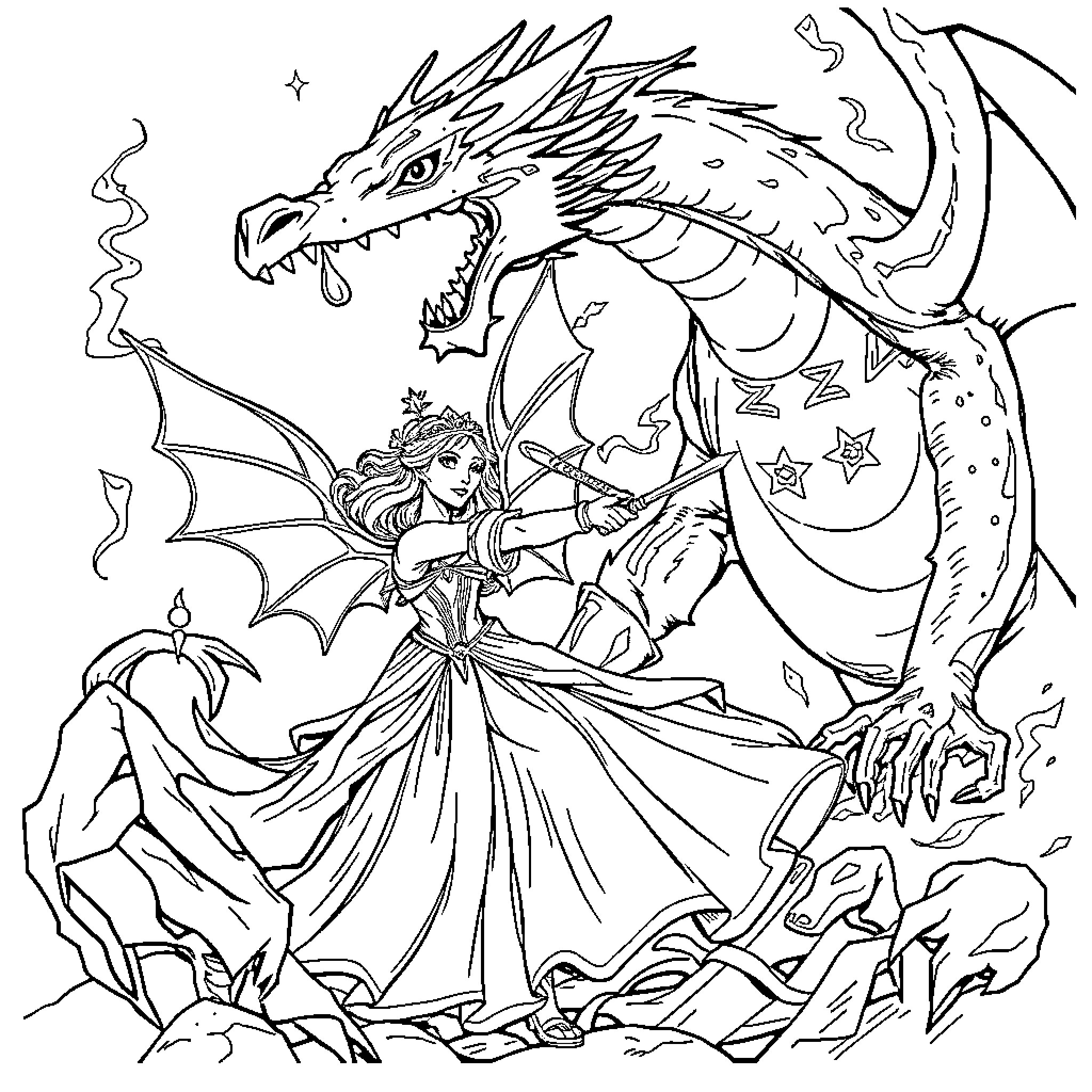 Princess Battling a Fierce Dragon Coloring Page (free black-and-white line drawing printable PDF for all, from beginners to advanced learners, including children, teens, adults, and seniors)