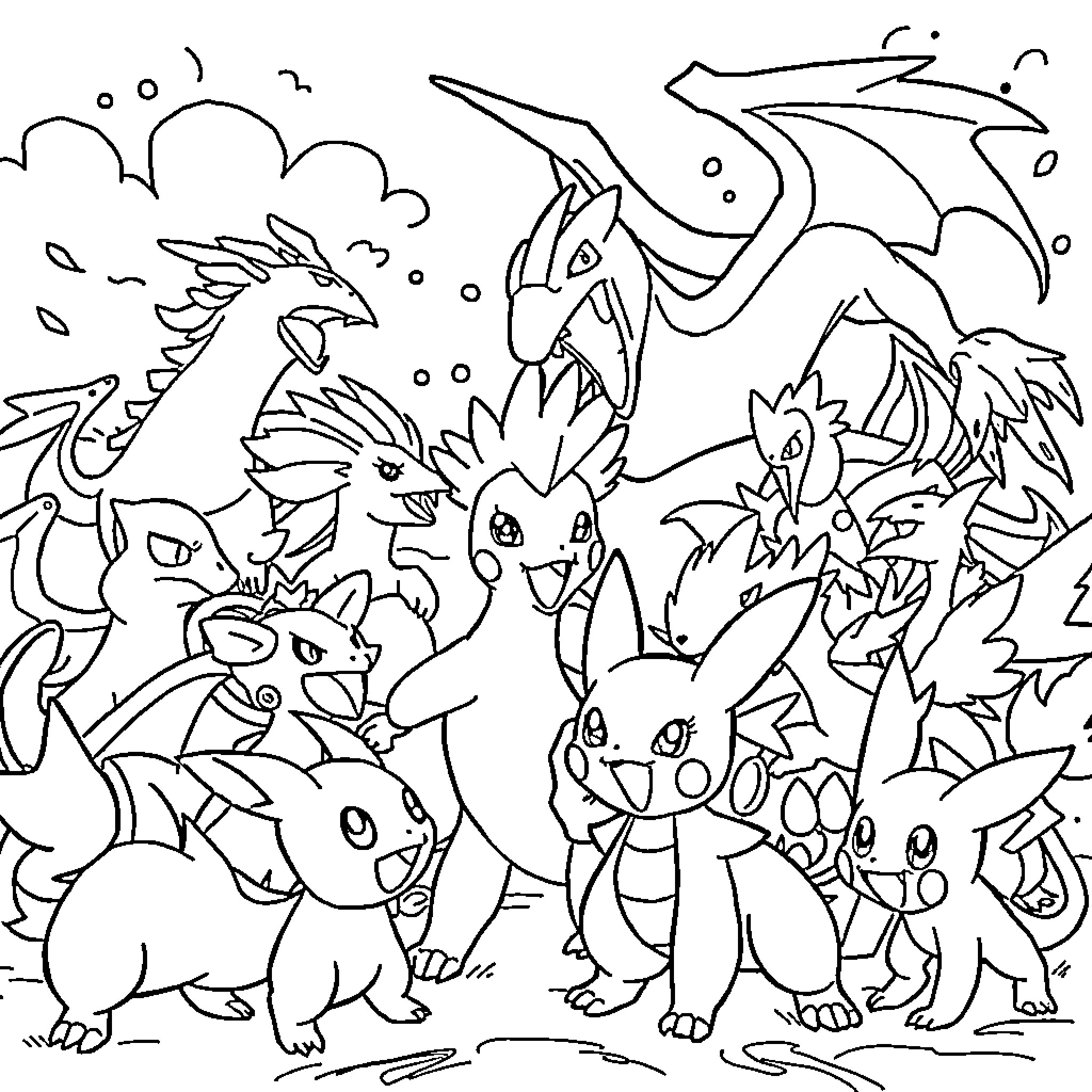 Pokémon characters exploring a fantastical world Coloring Page (free black-and-white line drawing printable PDF for all, from beginners to advanced learners, including children, teens, adults, and seniors)