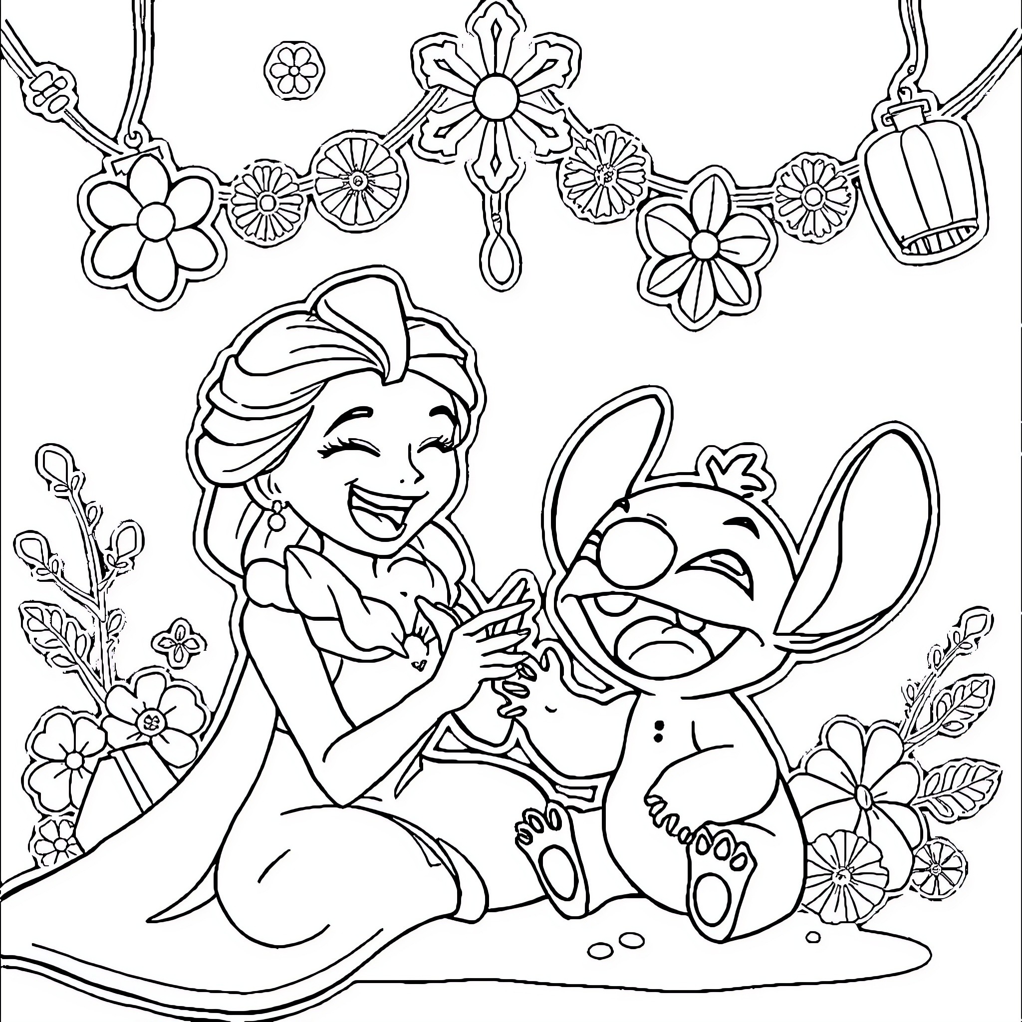 Elsa and Stitch Sharing a Playful Moment Coloring Page (free black-and-white line drawing printable PDF for all, from beginners to advanced learners, including children, teens, adults, and seniors)
