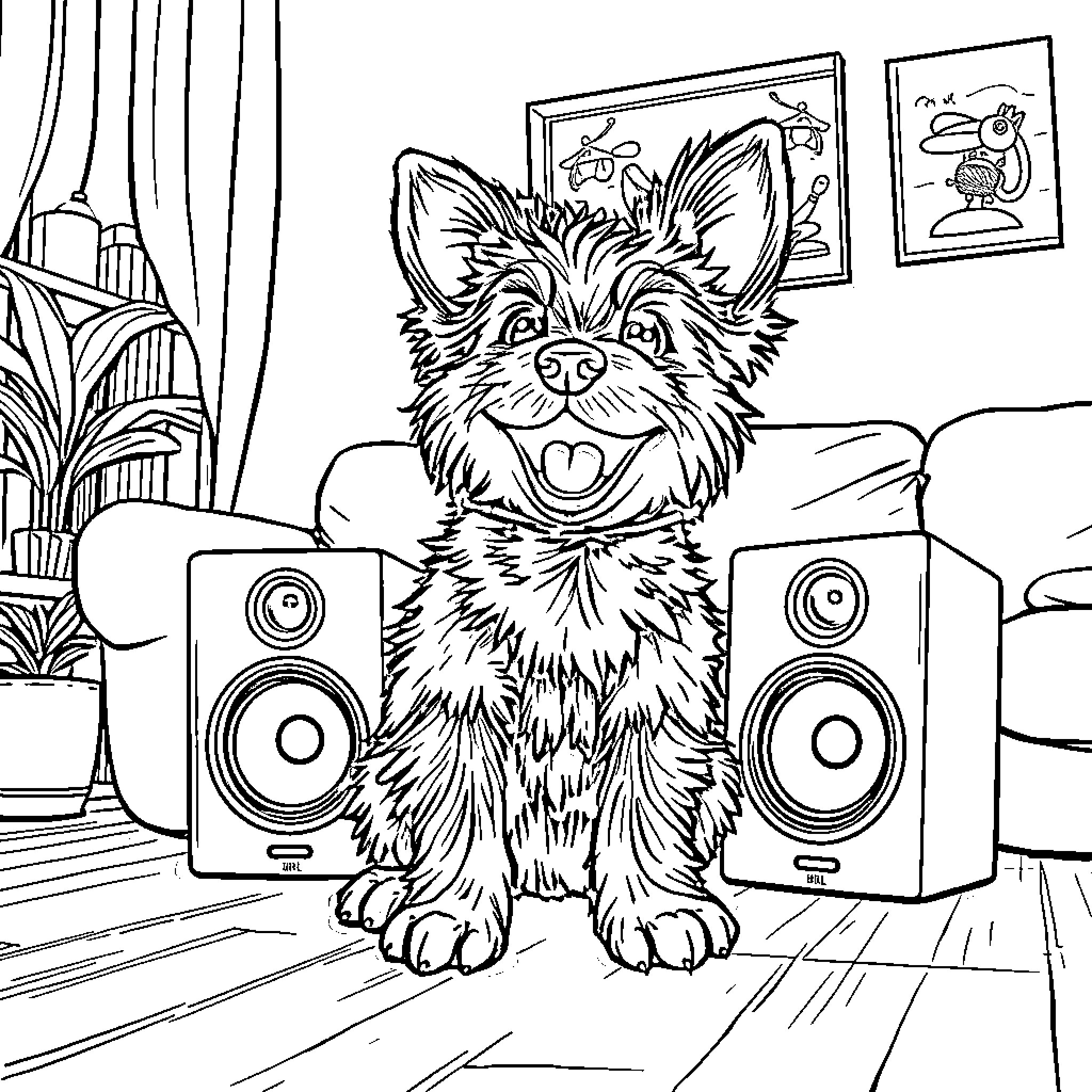 Sprunkie the Musical Pup Entertains at Home Coloring Page (free black-and-white line drawing printable PDF for all, from beginners to advanced learners, including children, teens, adults, and seniors)
