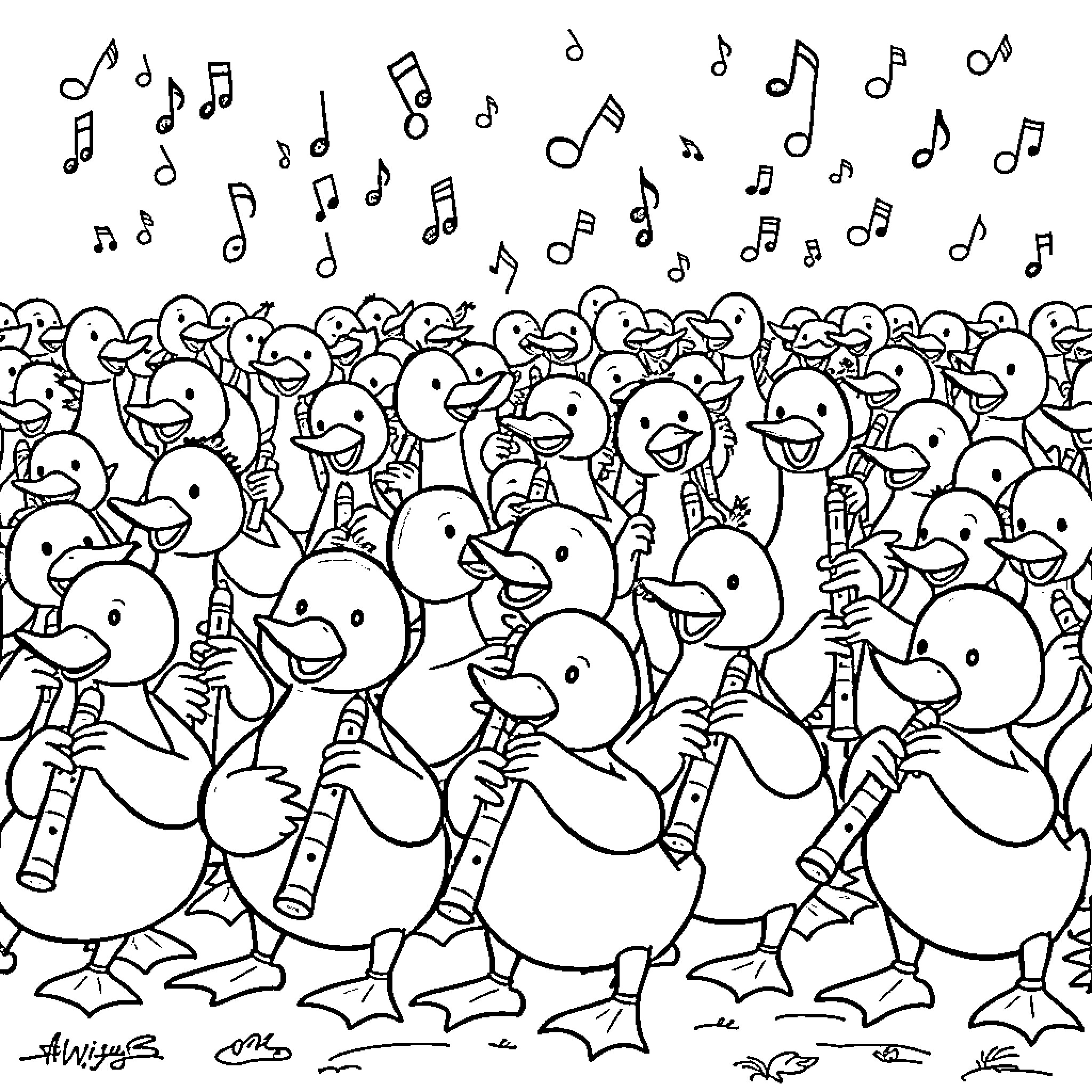 Duck Choir Performing Musical Tunes Coloring Page (free black-and-white line drawing printable PDF for all, from beginners to advanced learners, including children, teens, adults, and seniors)