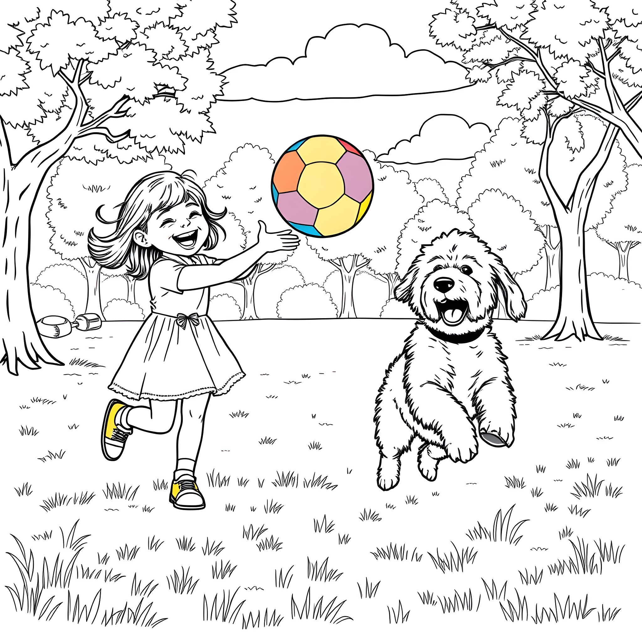 Girl playing happily with dog and ball in park Coloring Page (free black-and-white line drawing printable PDF for all, from beginners to advanced learners, including children, teens, adults, and seniors)