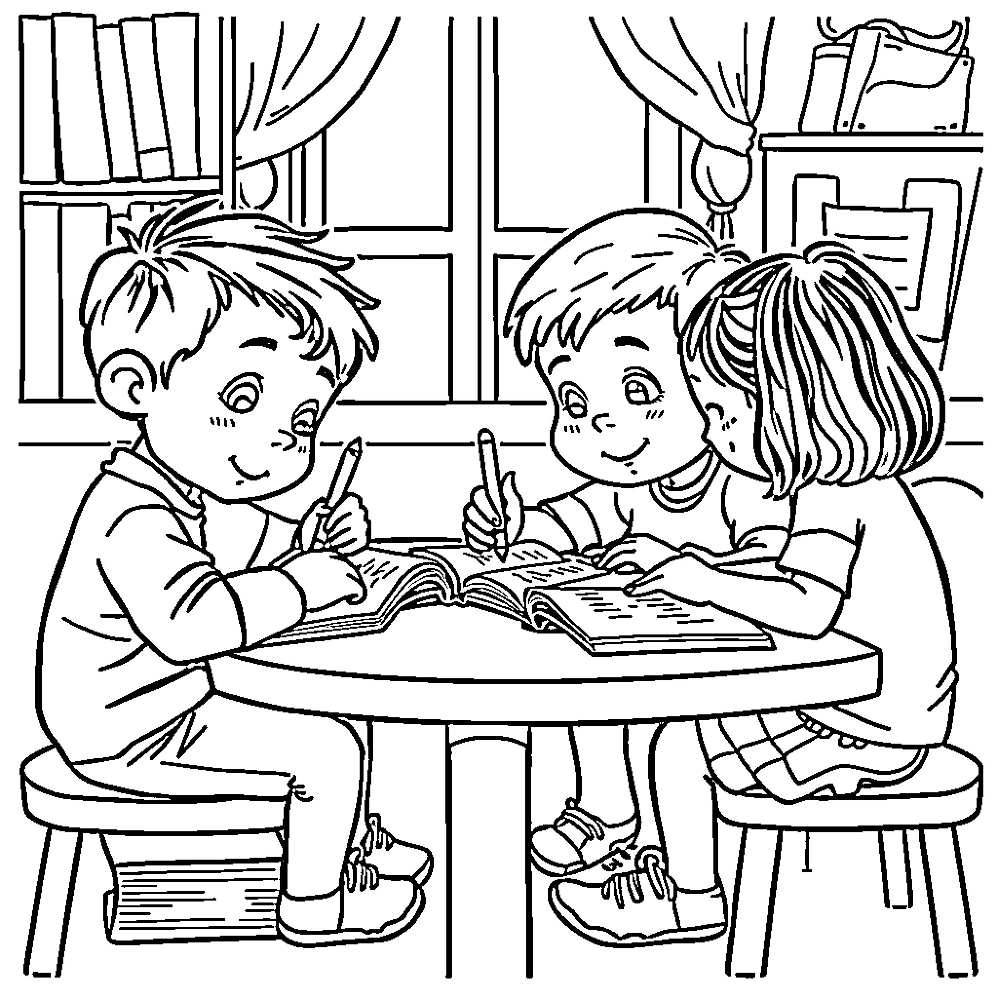 Kid Studying Together with Friend in Classroom Coloring Page (free black-and-white line drawing printable PDF for all, from beginners to advanced learners, including children, teens, adults, and seniors)