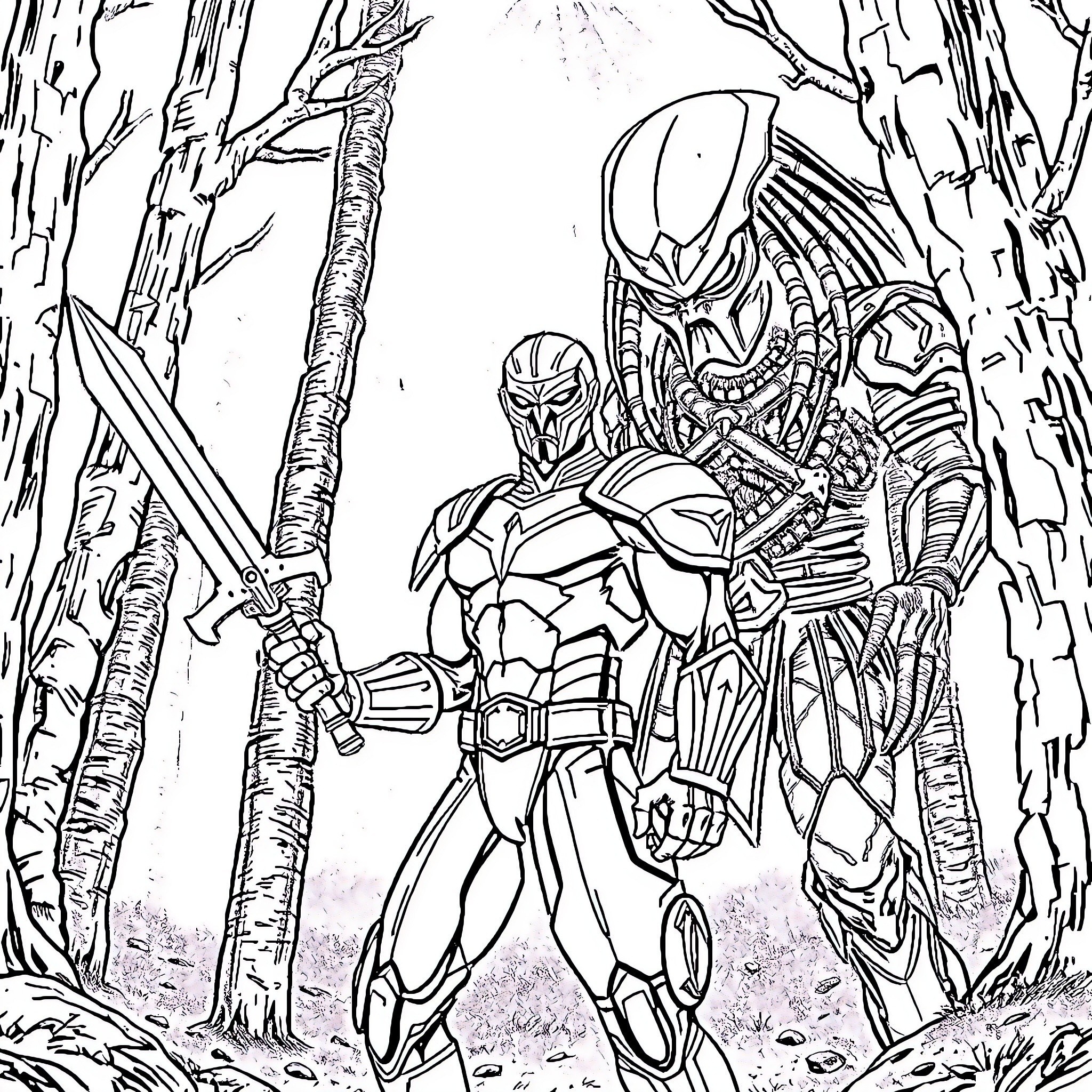 Guyver battles against the fearsome Predator-like creature Coloring Page (free black-and-white line drawing printable PDF for all, from beginners to advanced learners, including children, teens, adults, and seniors)