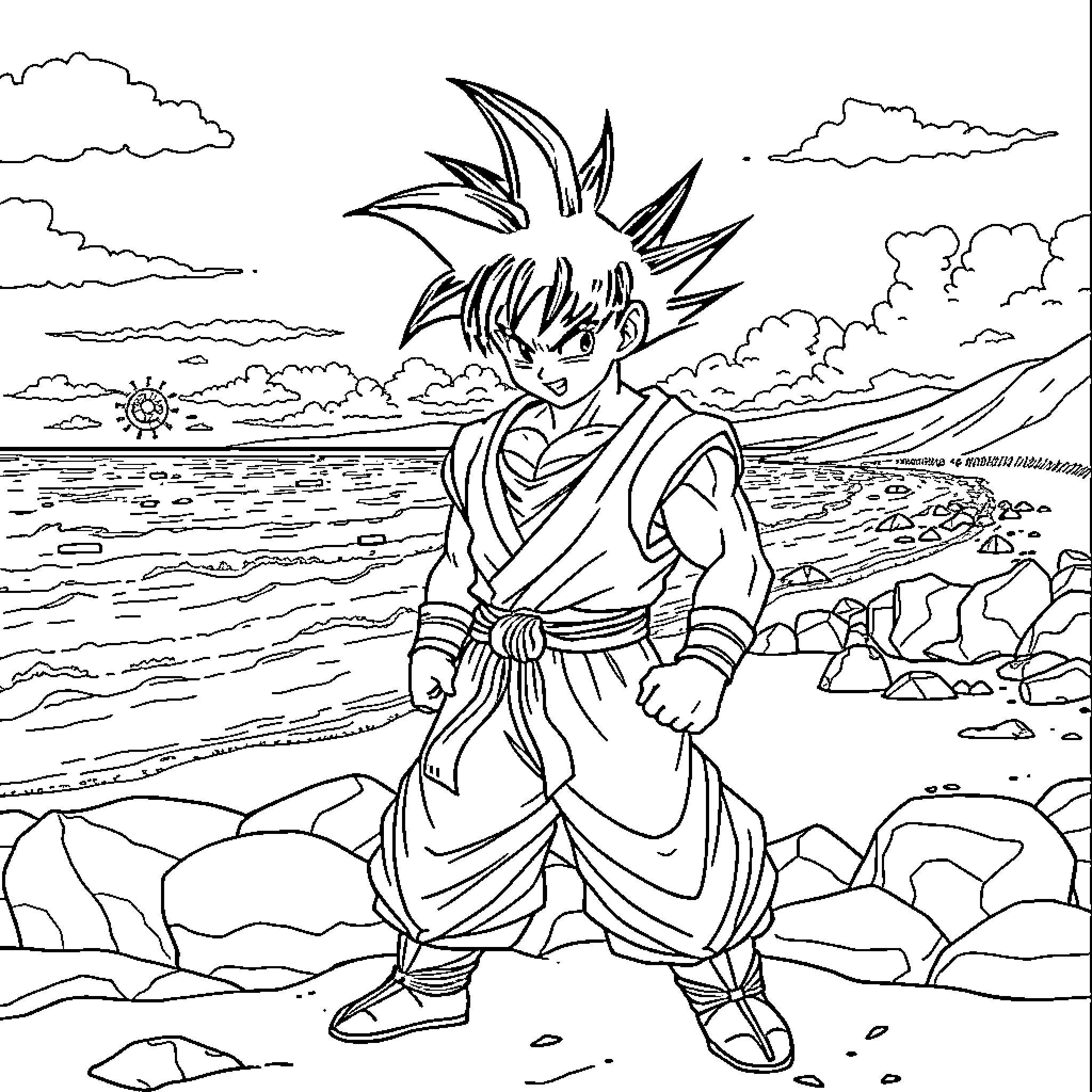 Goku's Adventurous Journey Through the Landscape Coloring Page (free black-and-white line drawing printable PDF for all, from beginners to advanced learners, including children, teens, adults, and seniors)