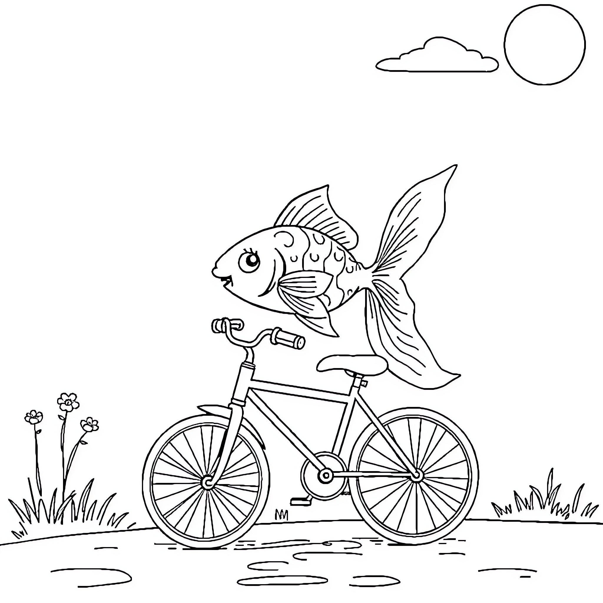 Goldfish riding a bicycle on a sunny day Coloring Page (free black-and-white line drawing printable PDF for all, from beginners to advanced learners, including children, teens, adults, and seniors)
