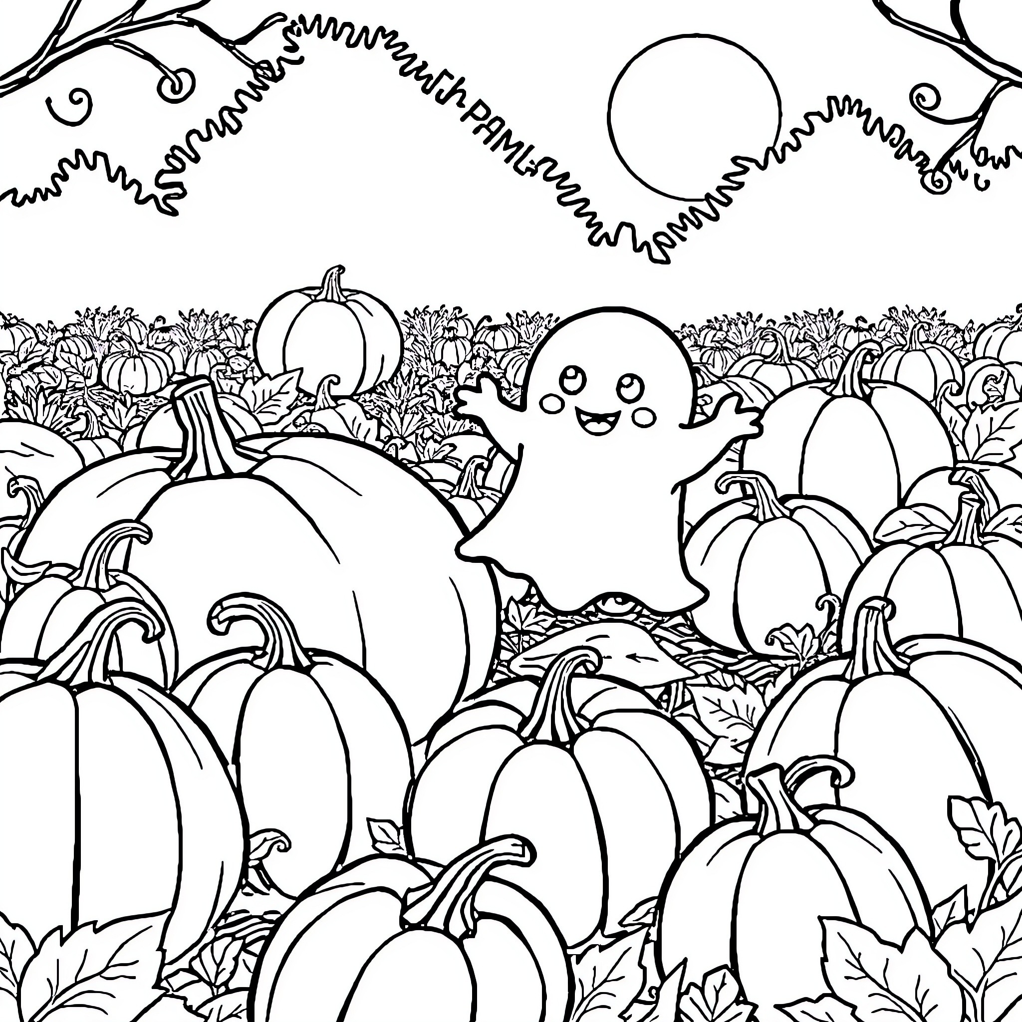 Ghost friends exploring a pumpkin patch Coloring Page (free black-and-white line drawing printable PDF for all, from beginners to advanced learners, including children, teens, adults, and seniors)