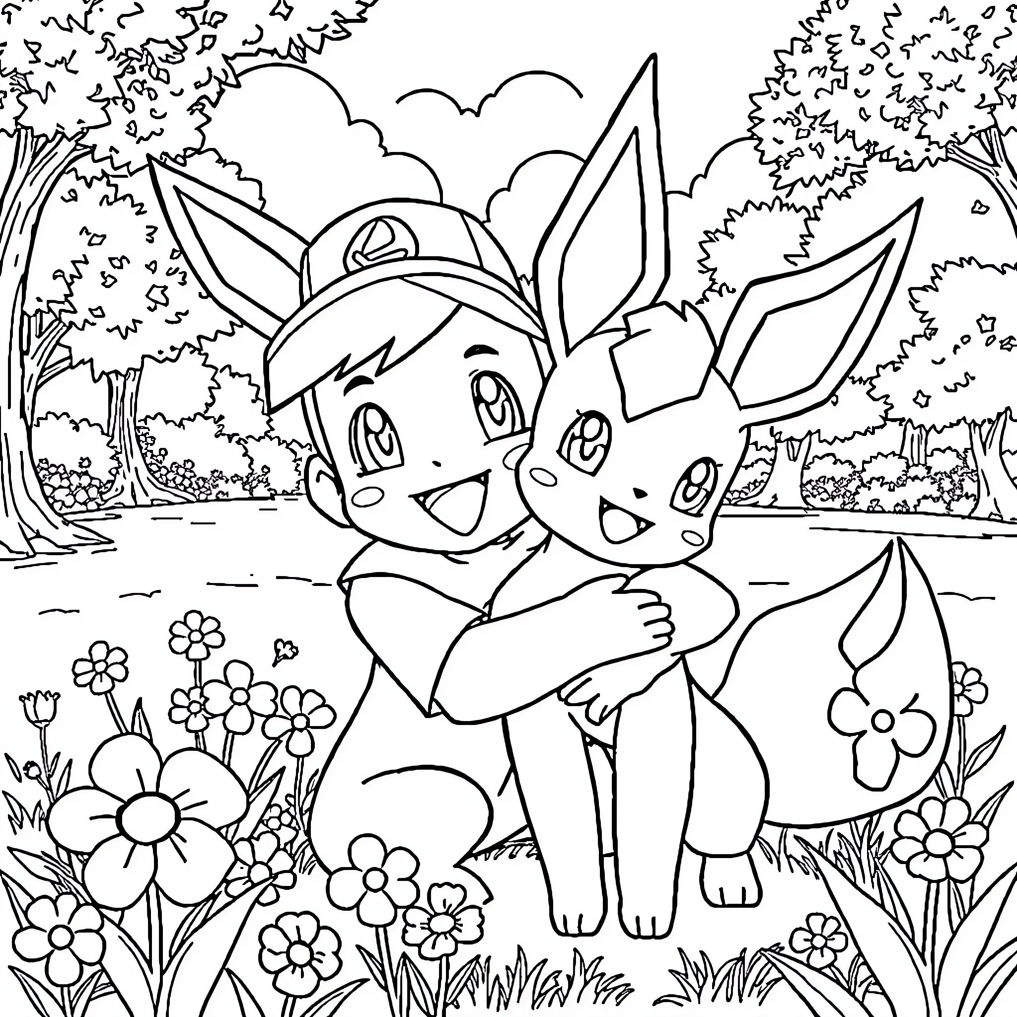 Ash Ketchum and Pikachu exploring a colorful forest Coloring Page (free black-and-white line drawing printable PDF for all, from beginners to advanced learners, including children, teens, adults, and seniors)
