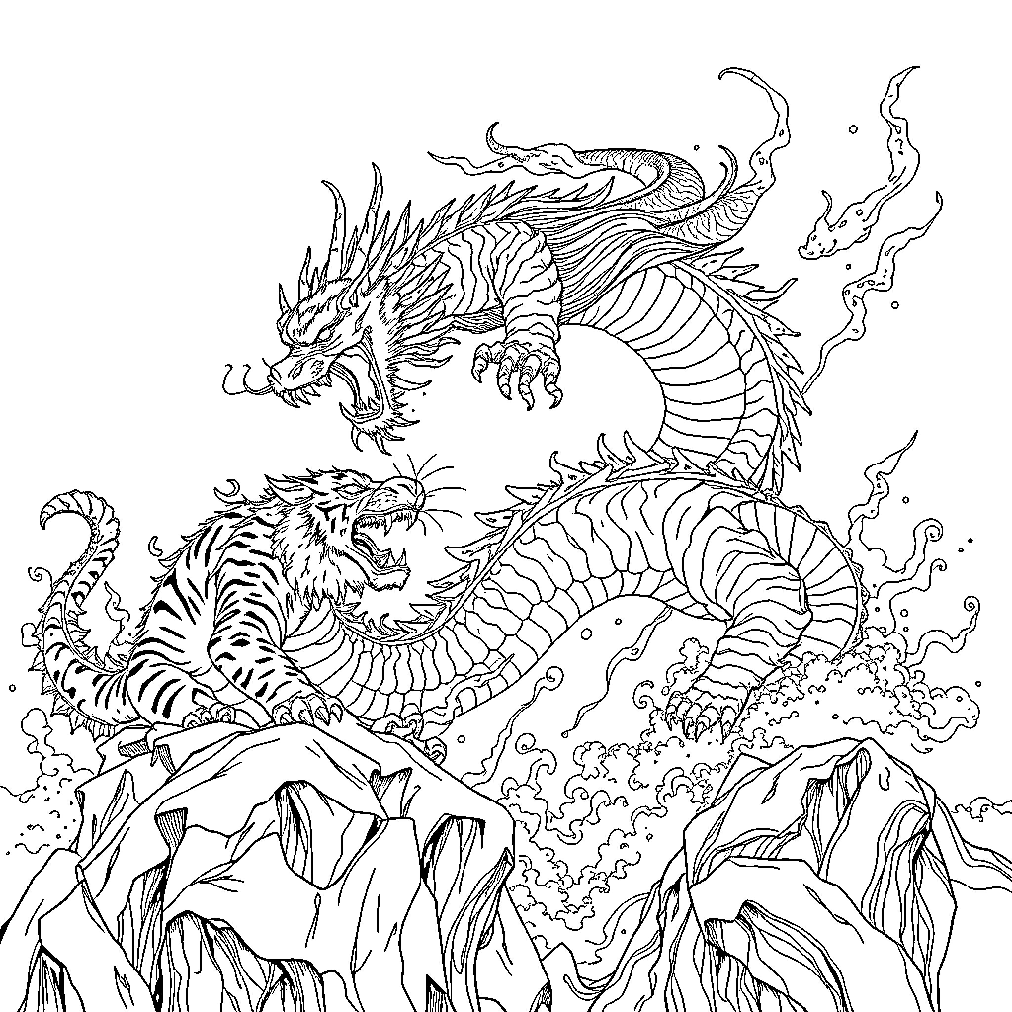 Dragon Rulers Unleashing Fierce Power in the Mountainscape Coloring Page (free black-and-white line drawing printable PDF for all, from beginners to advanced learners, including children, teens, adults, and seniors)