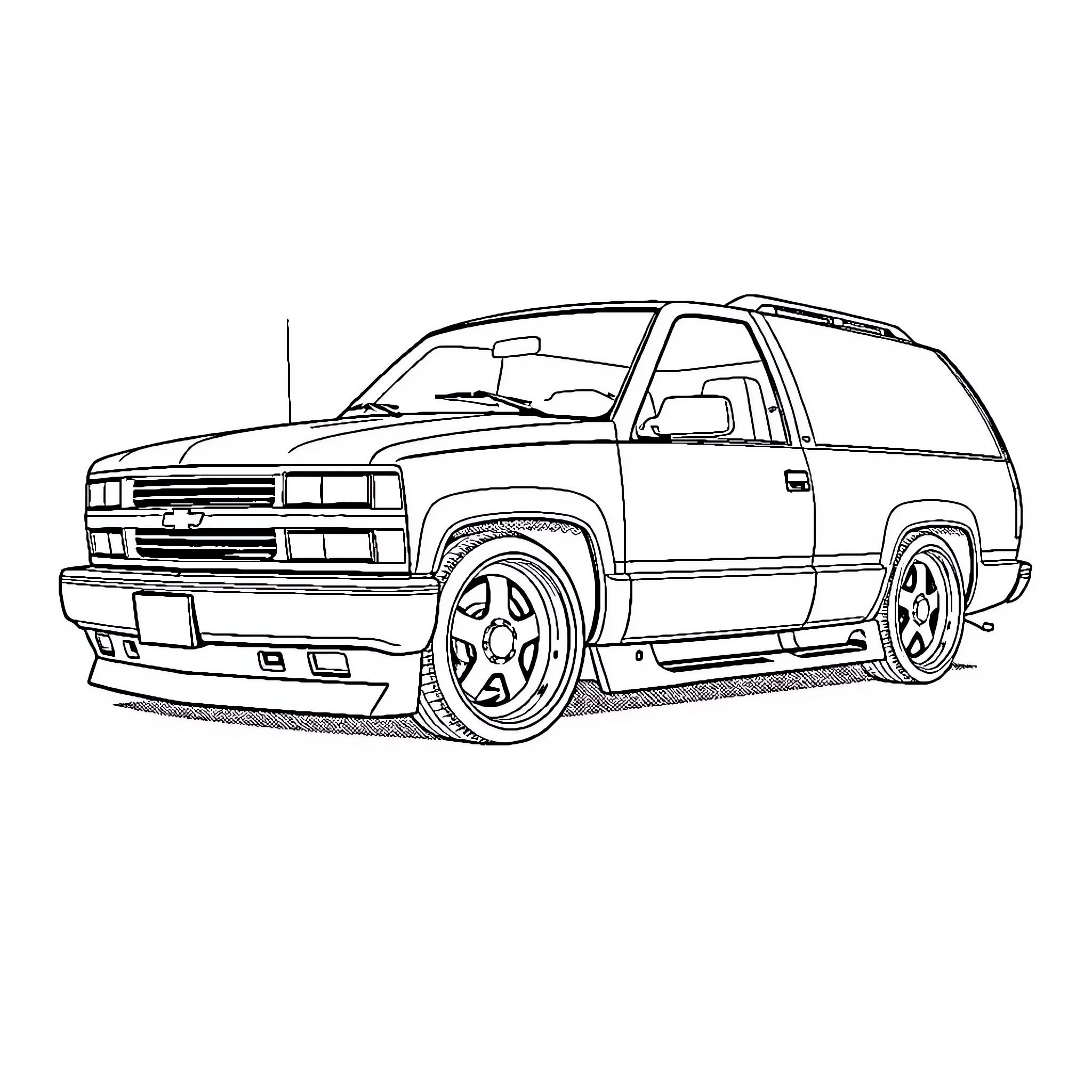 Tahoe modified SUV with sporty wheels and trim Coloring Page (free black-and-white line drawing printable PDF for all, from beginners to advanced learners, including children, teens, adults, and seniors)