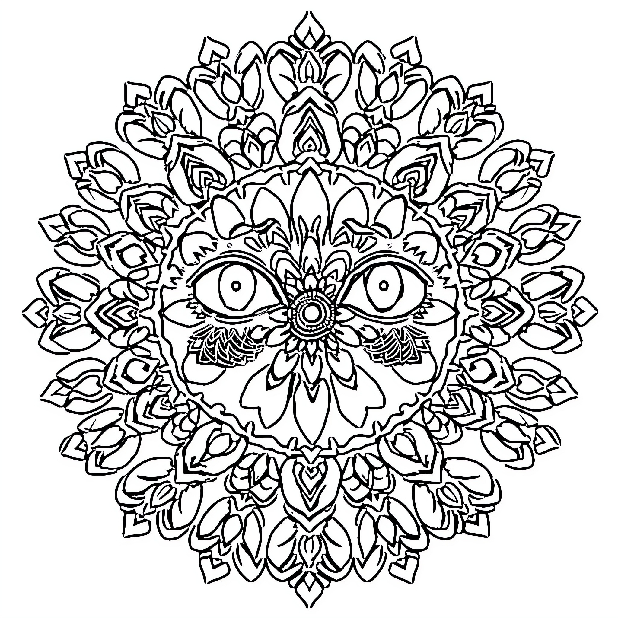 Mandala with intricate floral patterns and third eye Coloring Page (free black-and-white line drawing printable PDF for all, from beginners to advanced learners, including children, teens, adults, and seniors)