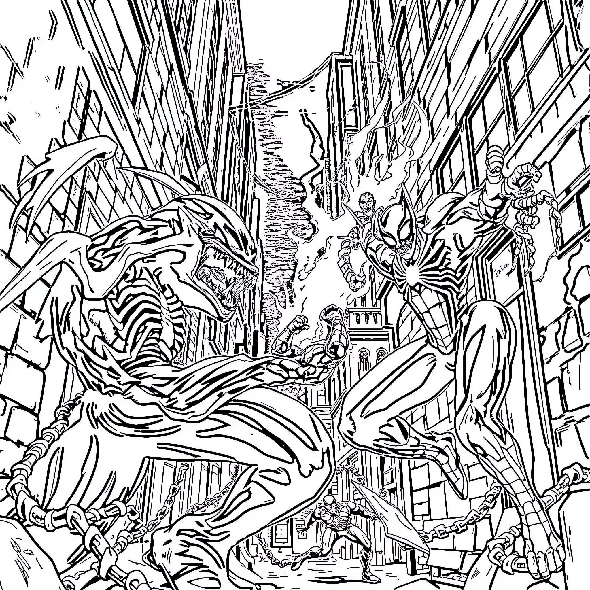 Spider-Man battles against villains in the city Coloring Page (free black-and-white line drawing printable PDF for all, from beginners to advanced learners, including children, teens, adults, and seniors)