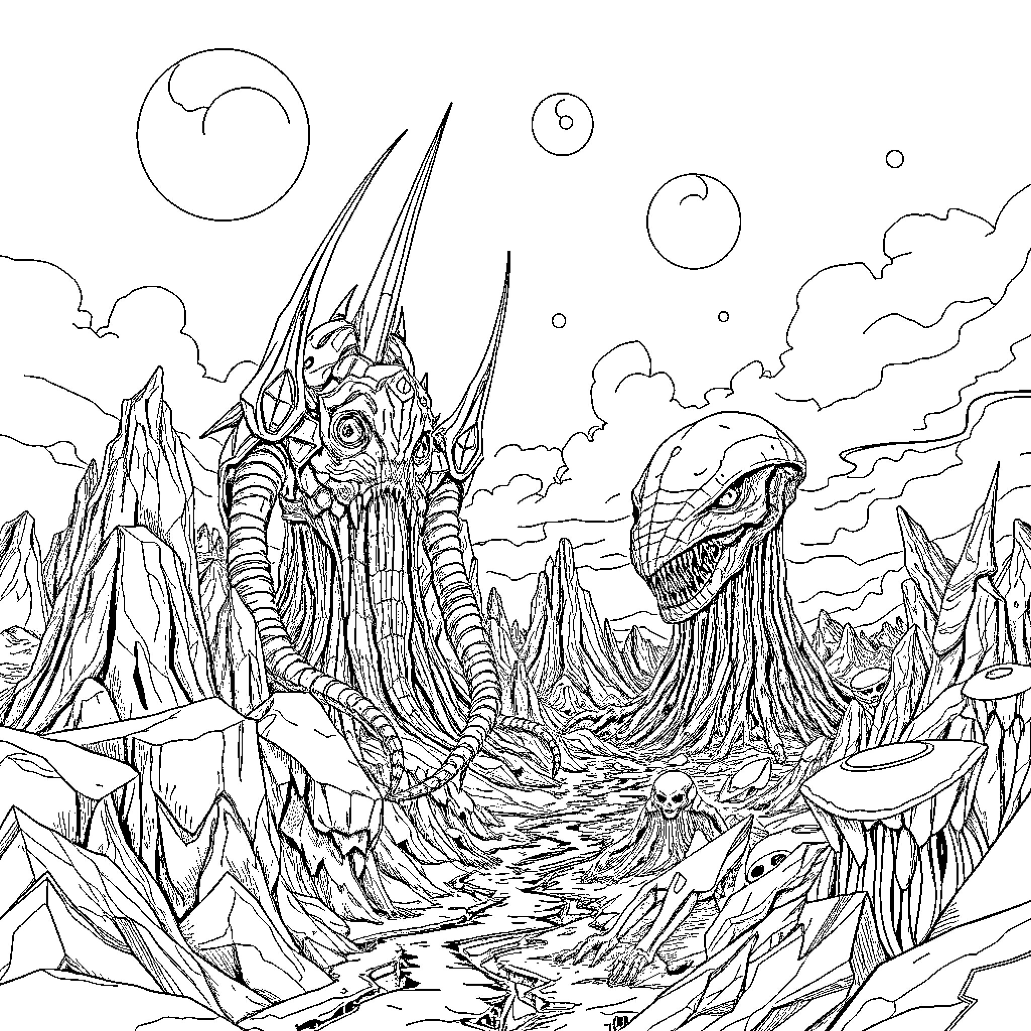 H. R. Giger's Nightmarish Alien Landscape Coloring Page (free black-and-white line drawing printable PDF for all, from beginners to advanced learners, including children, teens, adults, and seniors)