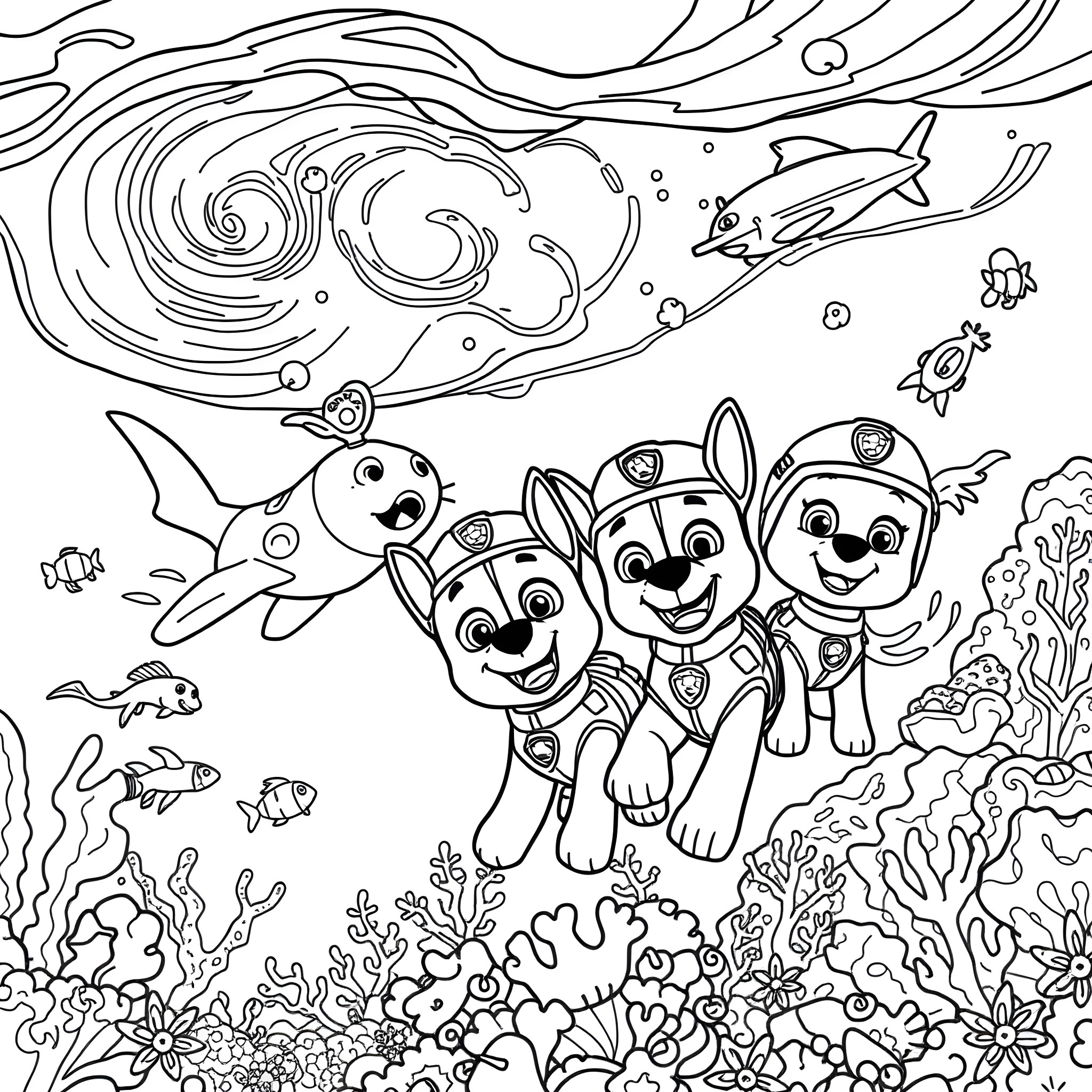 Paw Patrol Exploring the Underwater World Coloring Page (free black-and-white line drawing printable PDF for all, from beginners to advanced learners, including children, teens, adults, and seniors)