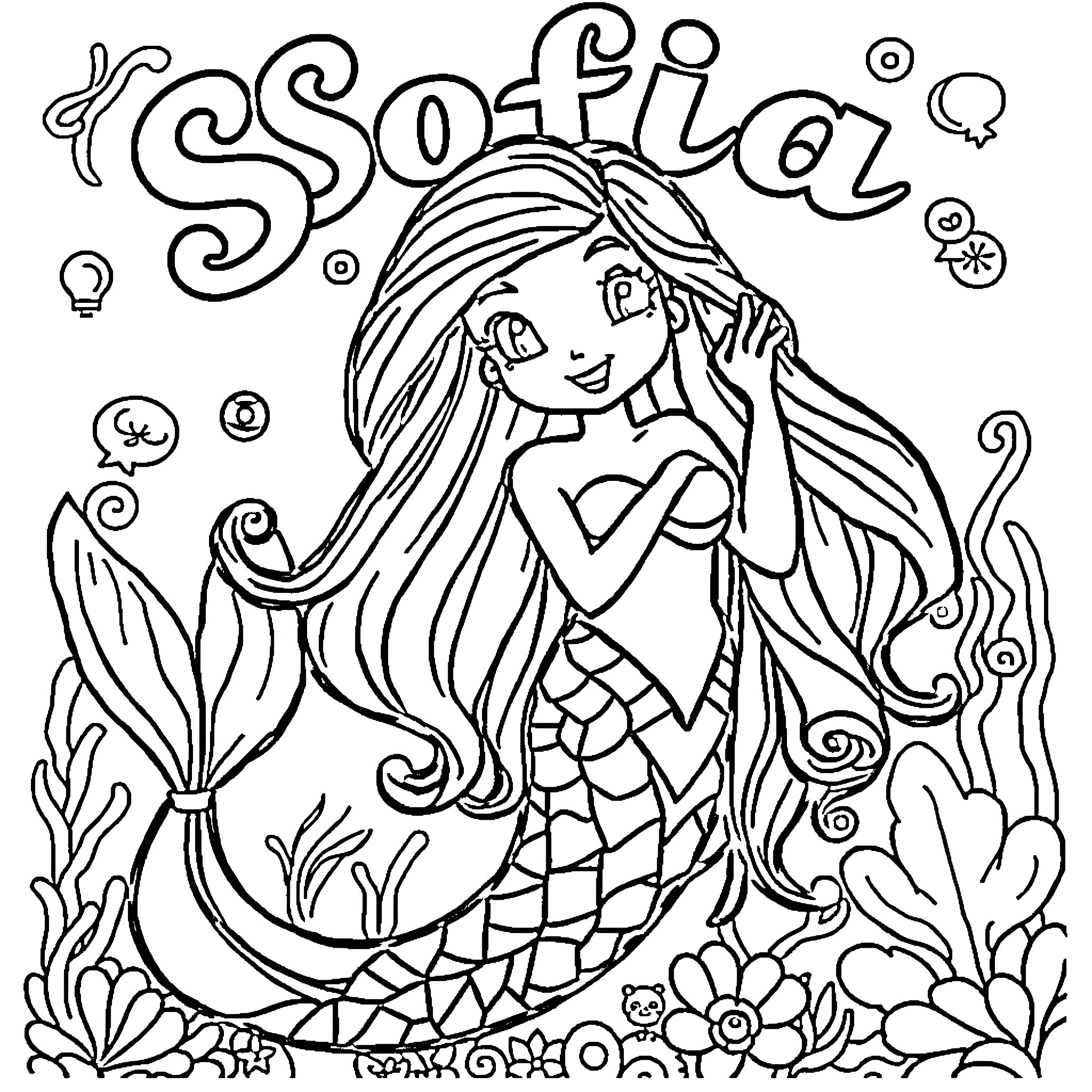 Mermaid with flowing hair enjoying the underwater scene Coloring Page (free black-and-white line drawing printable PDF for all, from beginners to advanced learners, including children, teens, adults, and seniors)