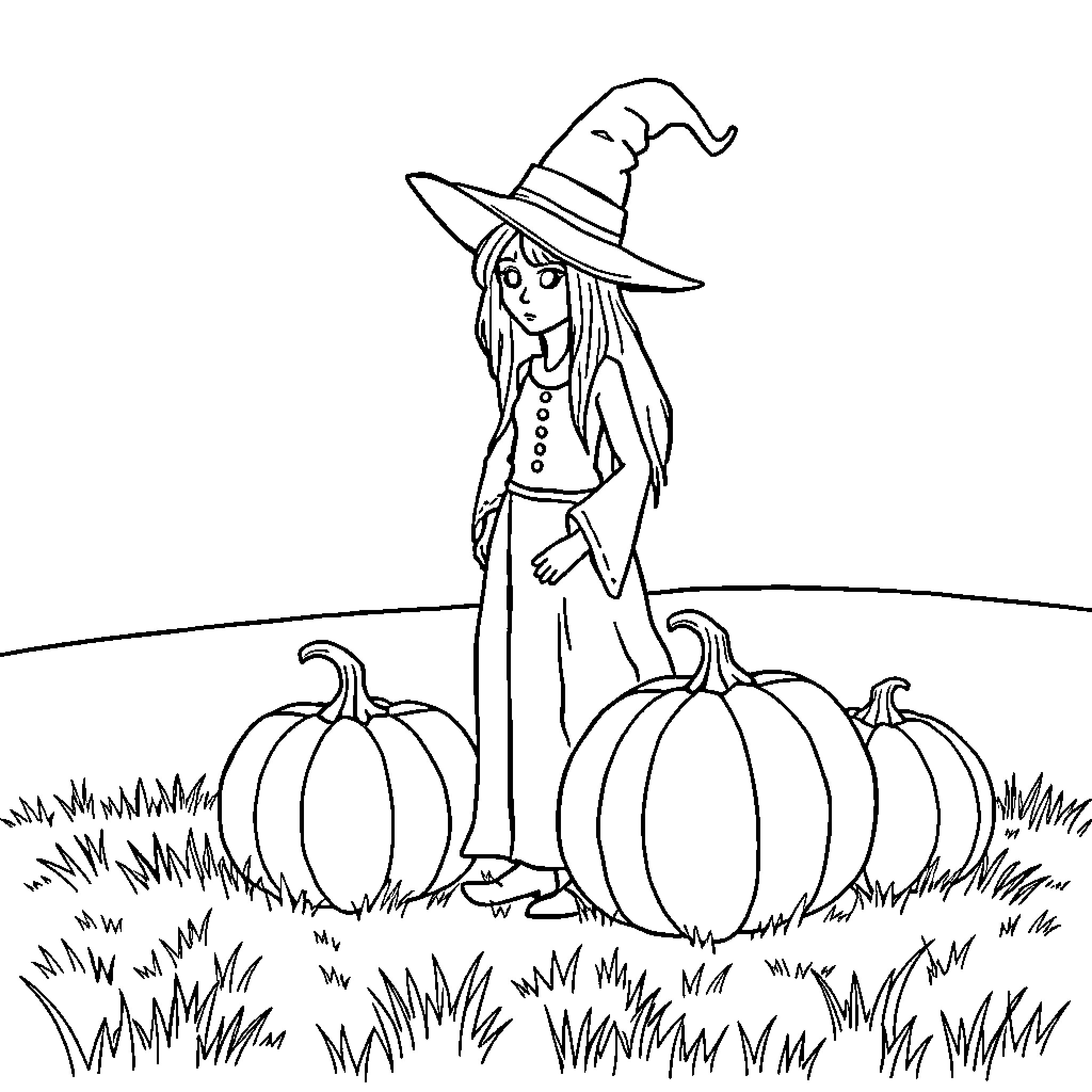 Witch Admiring Autumn Pumpkins in the Field Coloring Page (free black-and-white line drawing printable PDF for all, from beginners to advanced learners, including children, teens, adults, and seniors)