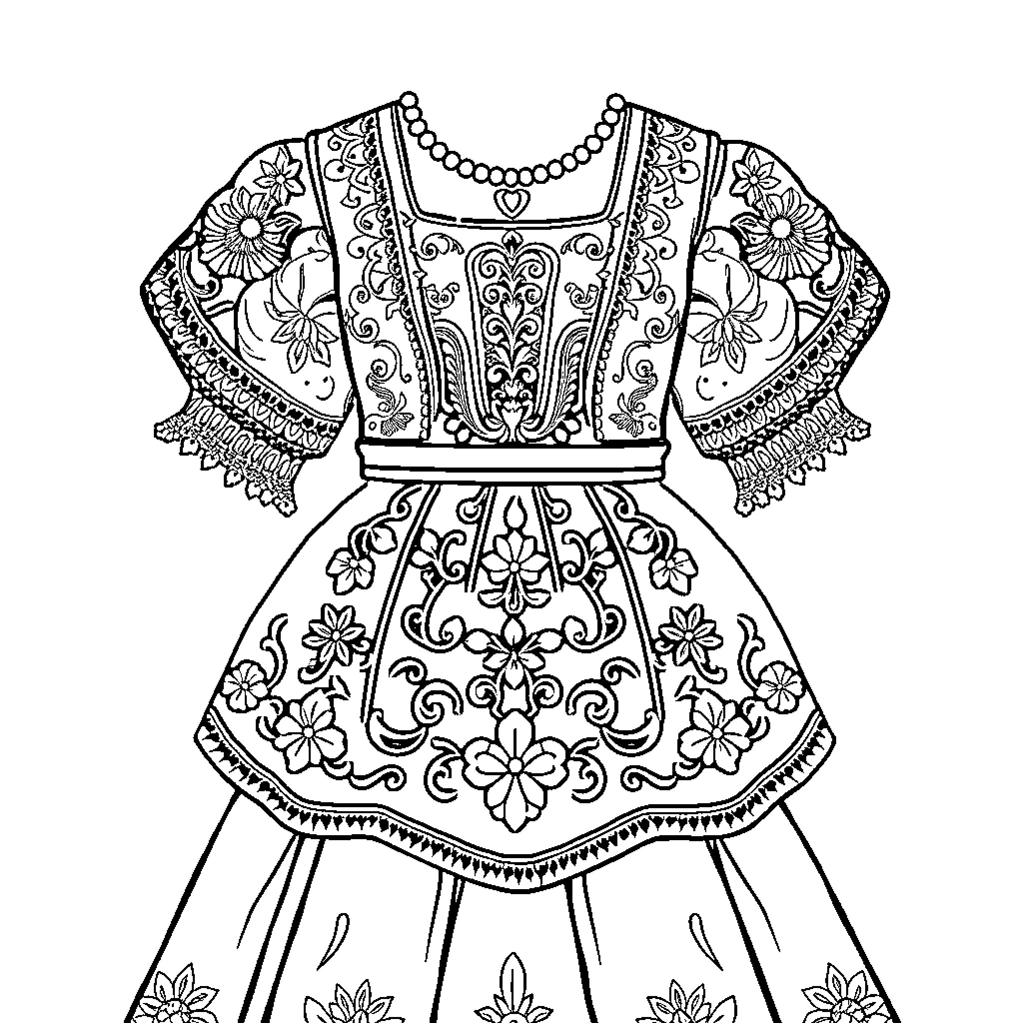 Doll in Elegant Floral Embroidered Dress Coloring Page (free black-and-white line drawing printable PDF for all, from beginners to advanced learners, including children, teens, adults, and seniors)