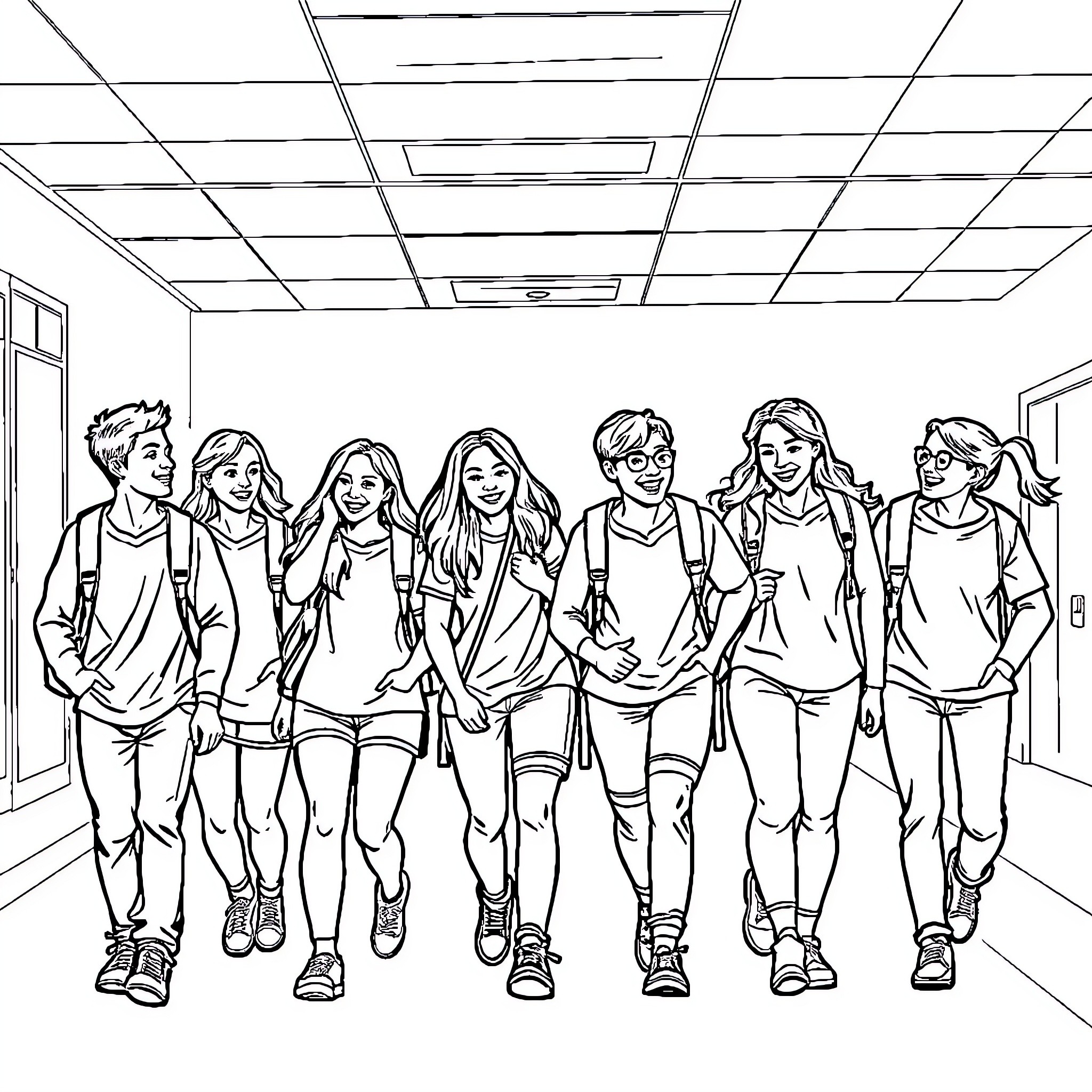 Student group walking together in school hallway Coloring Page (free black-and-white line drawing printable PDF for all, from beginners to advanced learners, including children, teens, adults, and seniors)