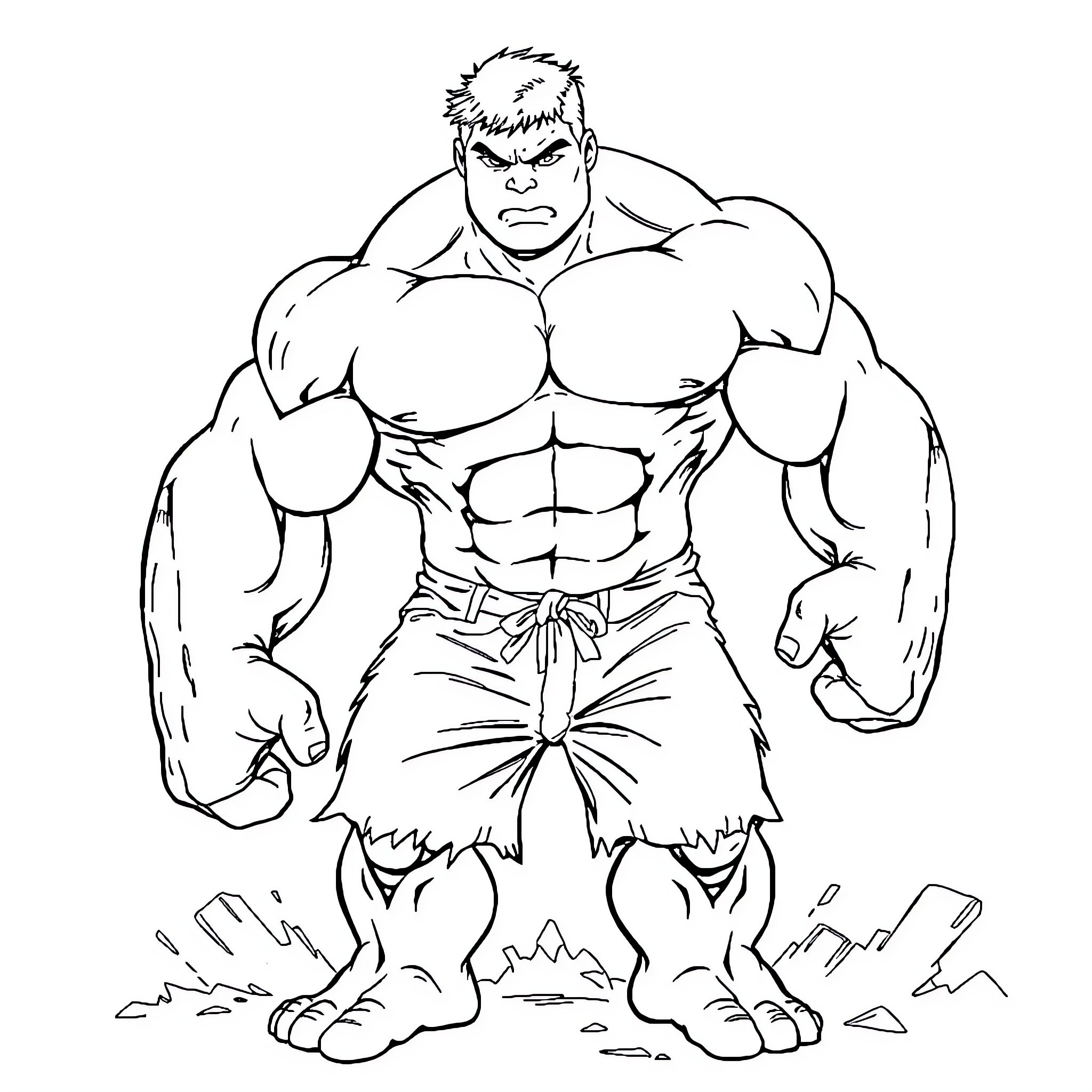 Hulk Wreaking Havoc in Ruined Landscape Coloring Page (free black-and-white line drawing printable PDF for all, from beginners to advanced learners, including children, teens, adults, and seniors)