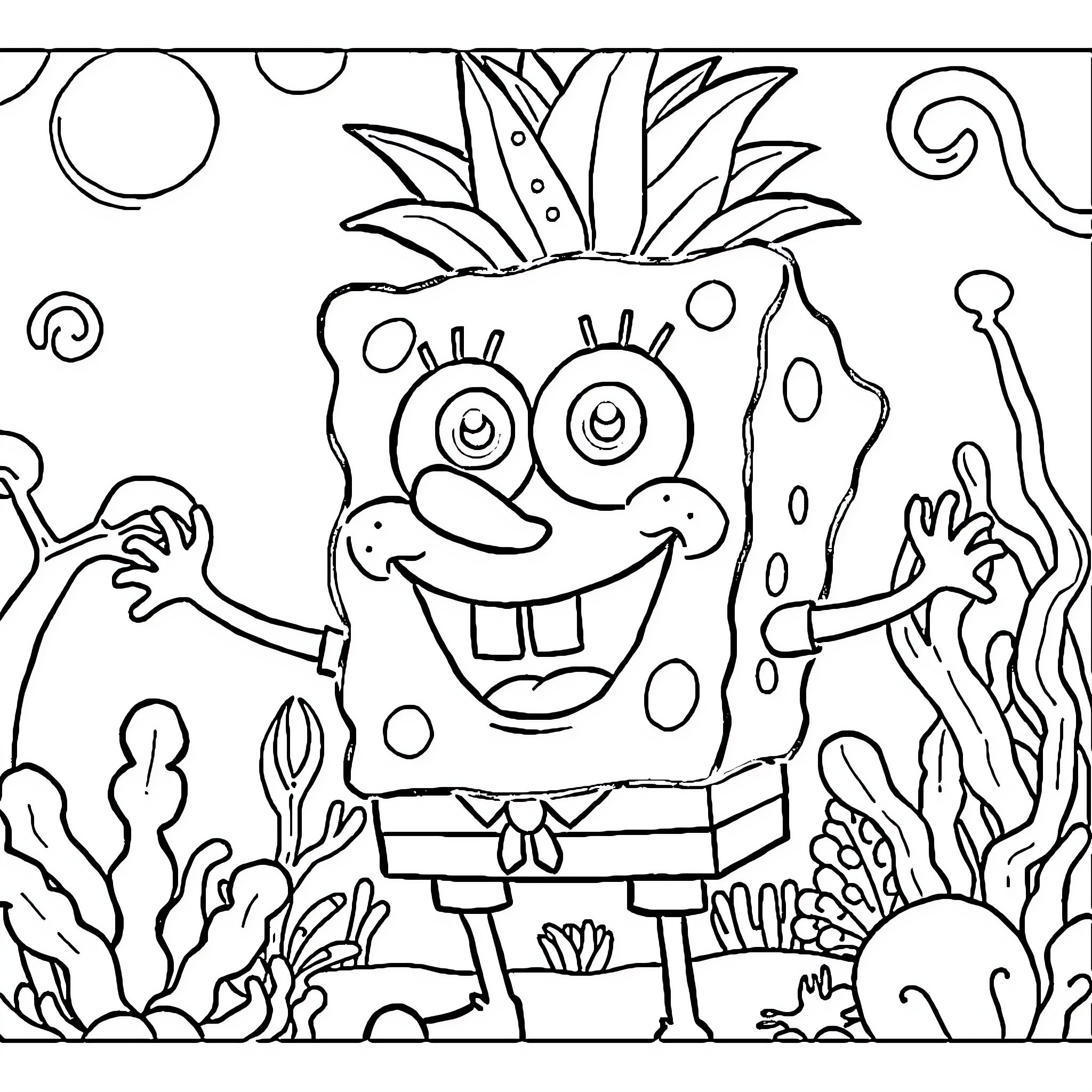 Sponge cartoon character in an underwater scene Coloring Page (free black-and-white line drawing printable PDF for all, from beginners to advanced learners, including children, teens, adults, and seniors)