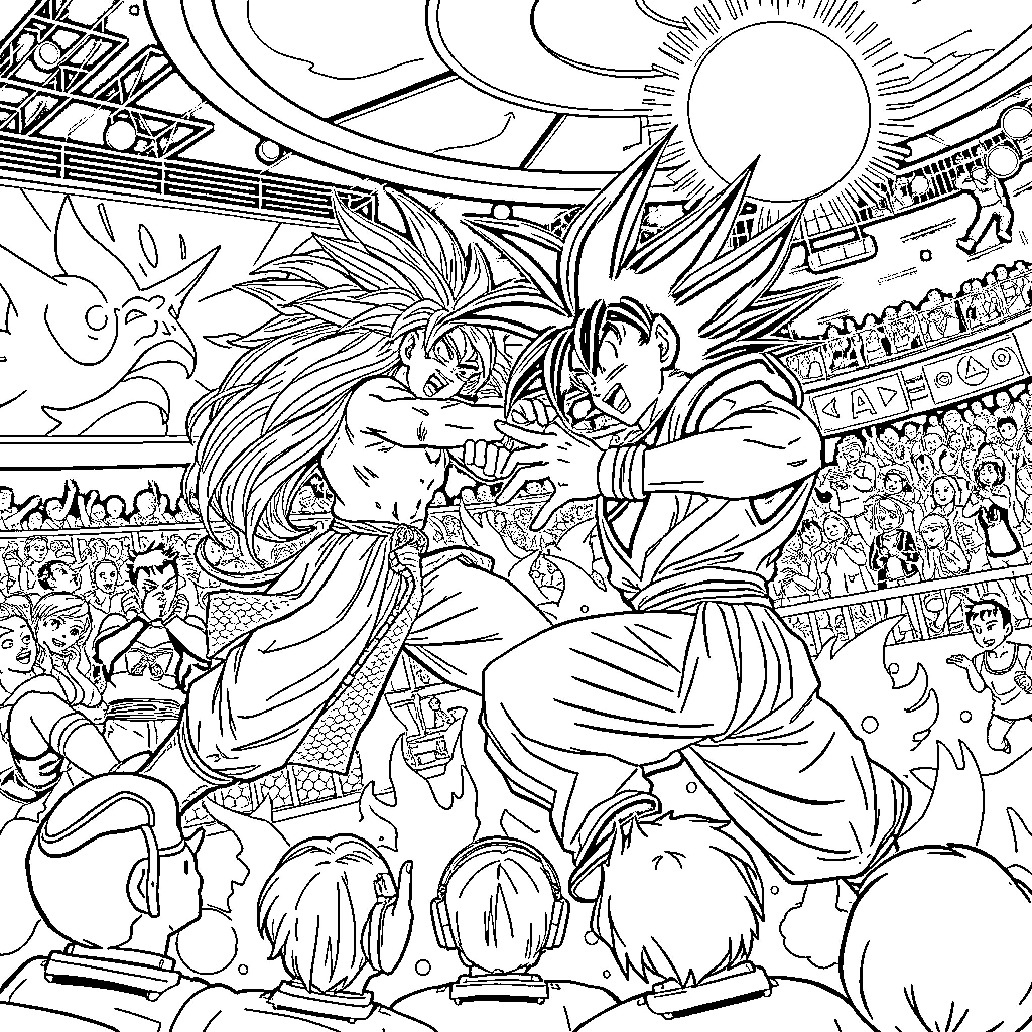 Mira's Battle in an Epic Arena Coloring Page (free black-and-white line drawing printable PDF for all, from beginners to advanced learners, including children, teens, adults, and seniors)
