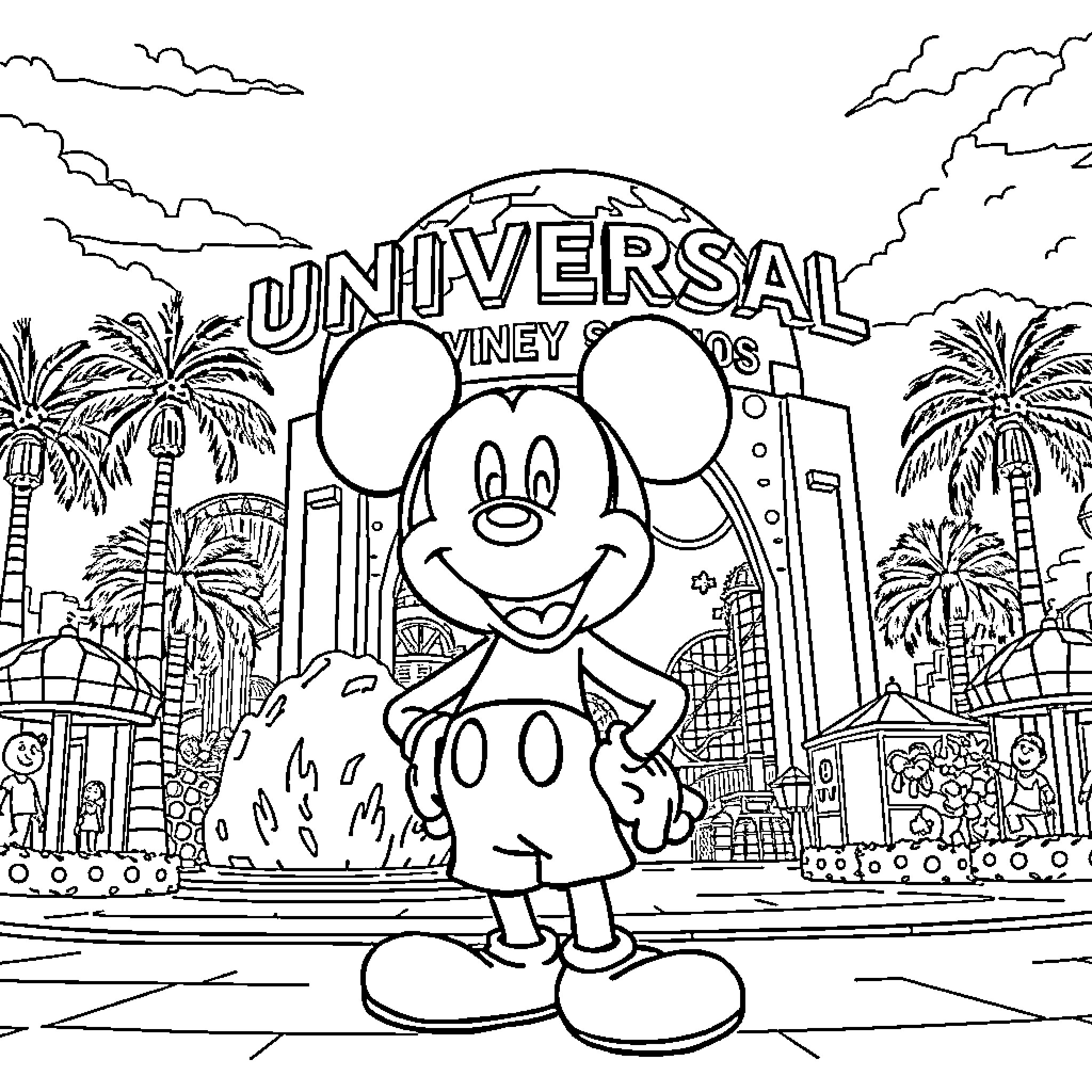 Mickey Mouse at the Universal Studios theme park Coloring Page (free black-and-white line drawing printable PDF for all, from beginners to advanced learners, including children, teens, adults, and seniors)