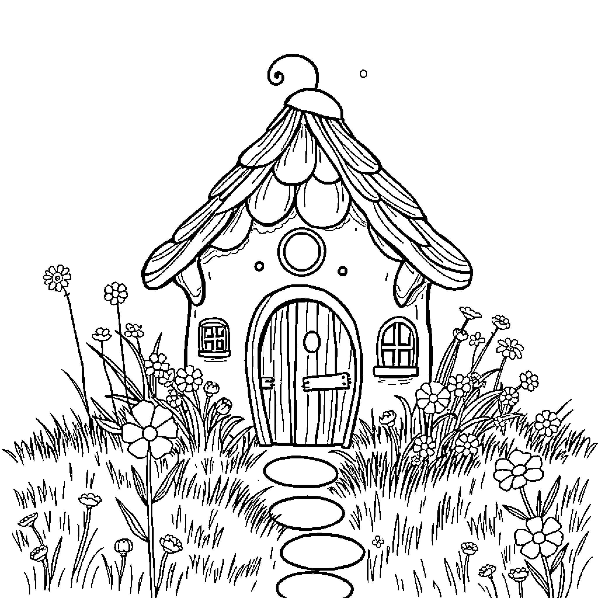 Ladybug exploring a whimsical fairytale cottage Coloring Page (free black-and-white line drawing printable PDF for all, from beginners to advanced learners, including children, teens, adults, and seniors)