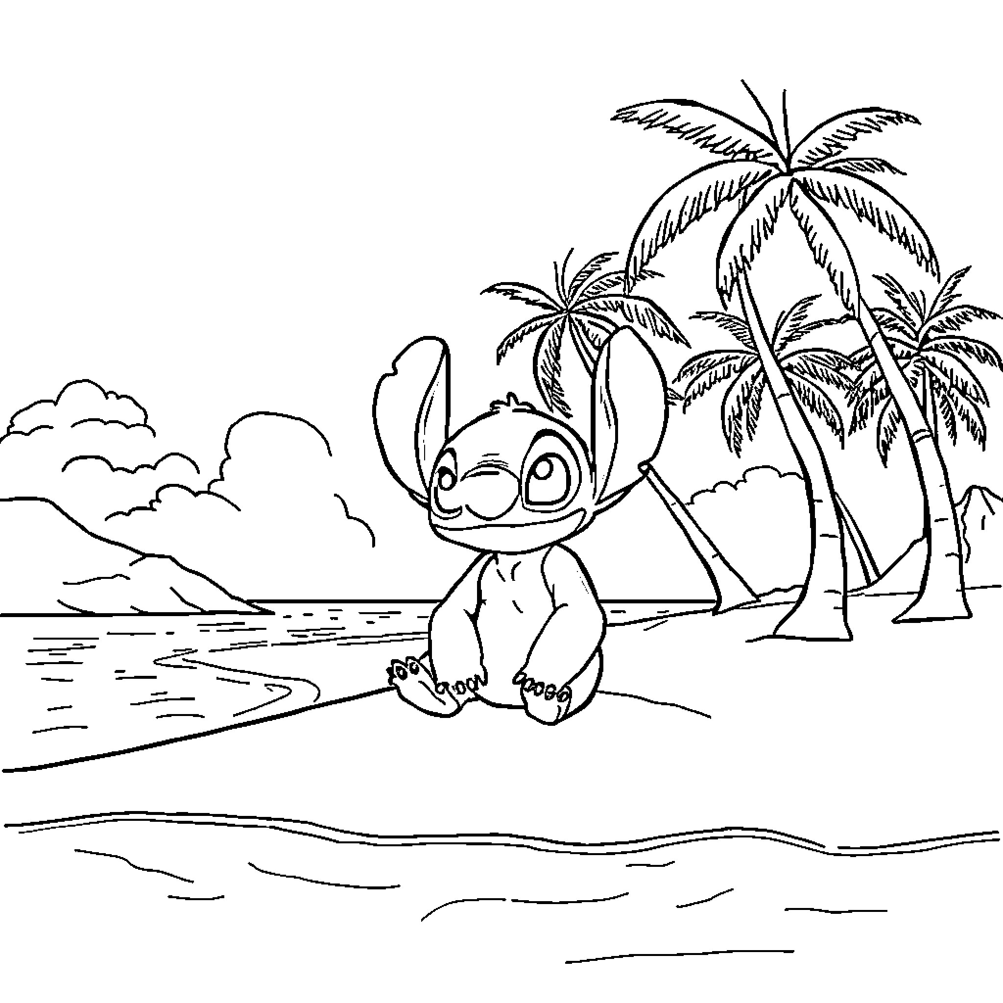 Stitch enjoying the tropical beach scenery Coloring Page (free black-and-white line drawing printable PDF for all, from beginners to advanced learners, including children, teens, adults, and seniors)