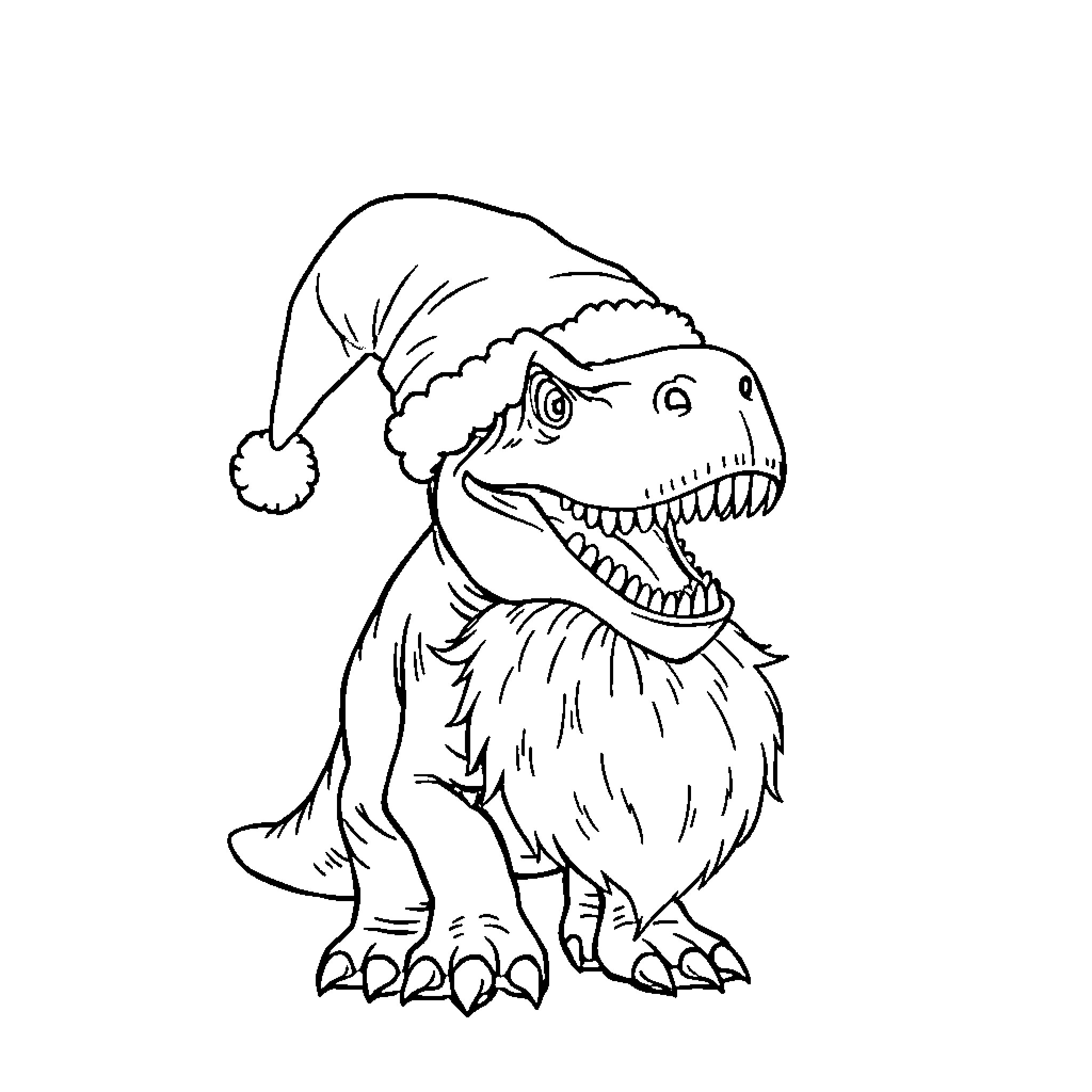 T-Rex wearing Santa hat and beard Coloring Page (free black-and-white line drawing printable PDF for all, from beginners to advanced learners, including children, teens, adults, and seniors)