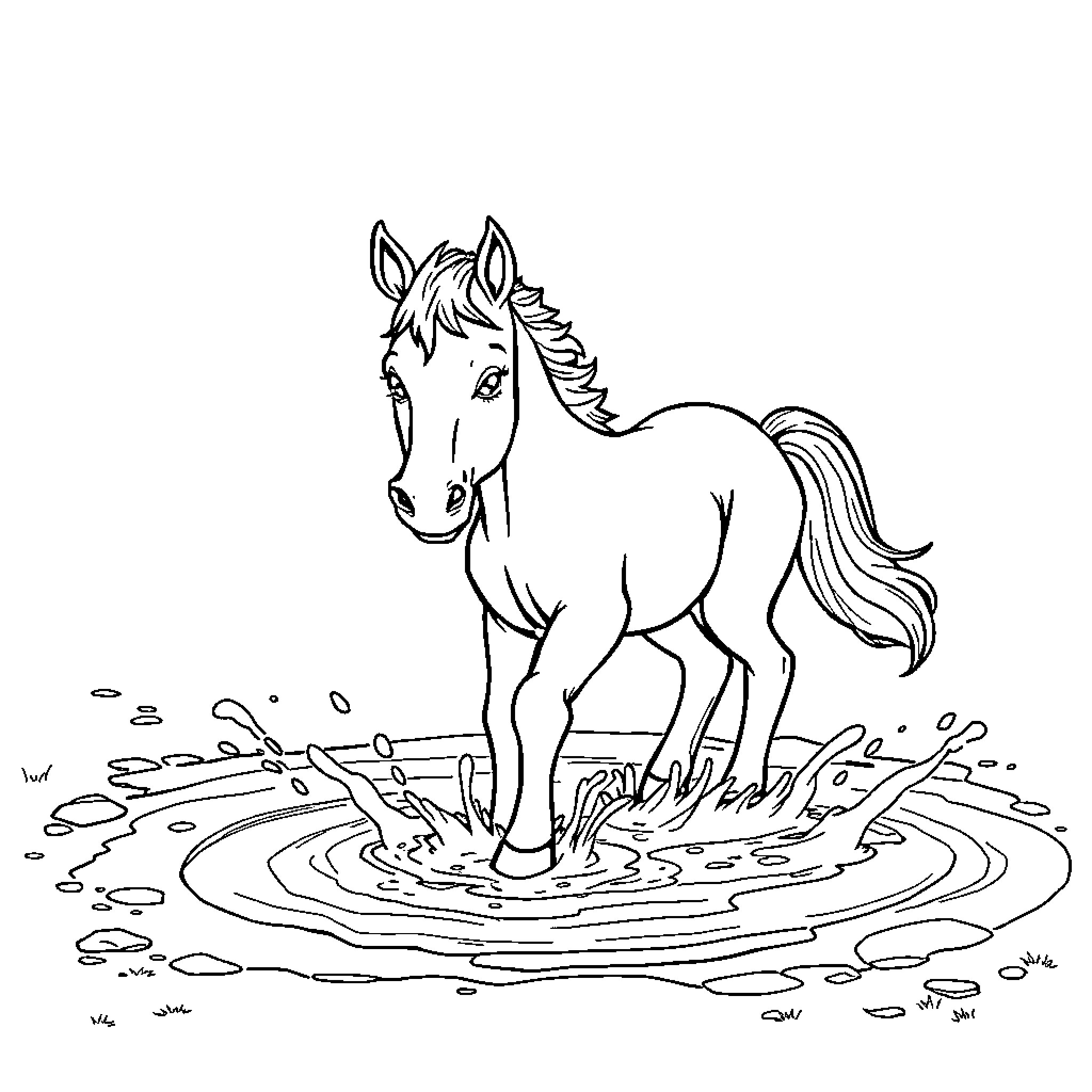 Horse splashing in a puddle Coloring Page (free black-and-white line drawing printable PDF for all, from beginners to advanced learners, including children, teens, adults, and seniors)
