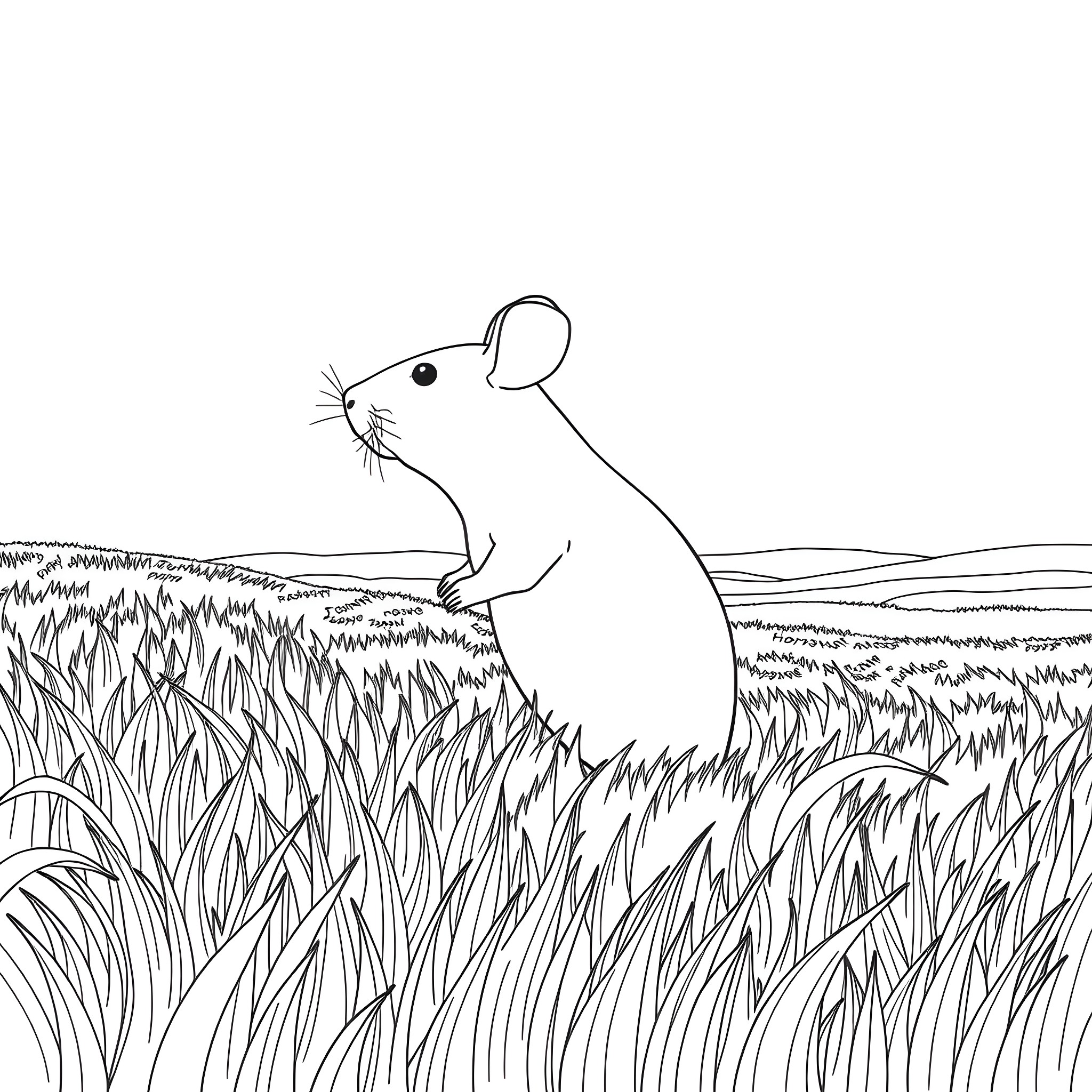 Mouse exploring the grassy field Coloring Page (free black-and-white line drawing printable PDF for all, from beginners to advanced learners, including children, teens, adults, and seniors)