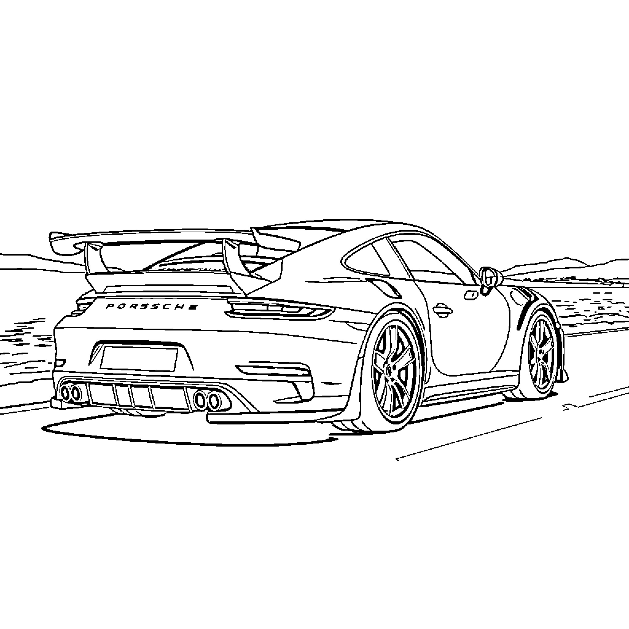 Porsche sports car speeding on the track Coloring Page (free black-and-white line drawing printable PDF for all, from beginners to advanced learners, including children, teens, adults, and seniors)