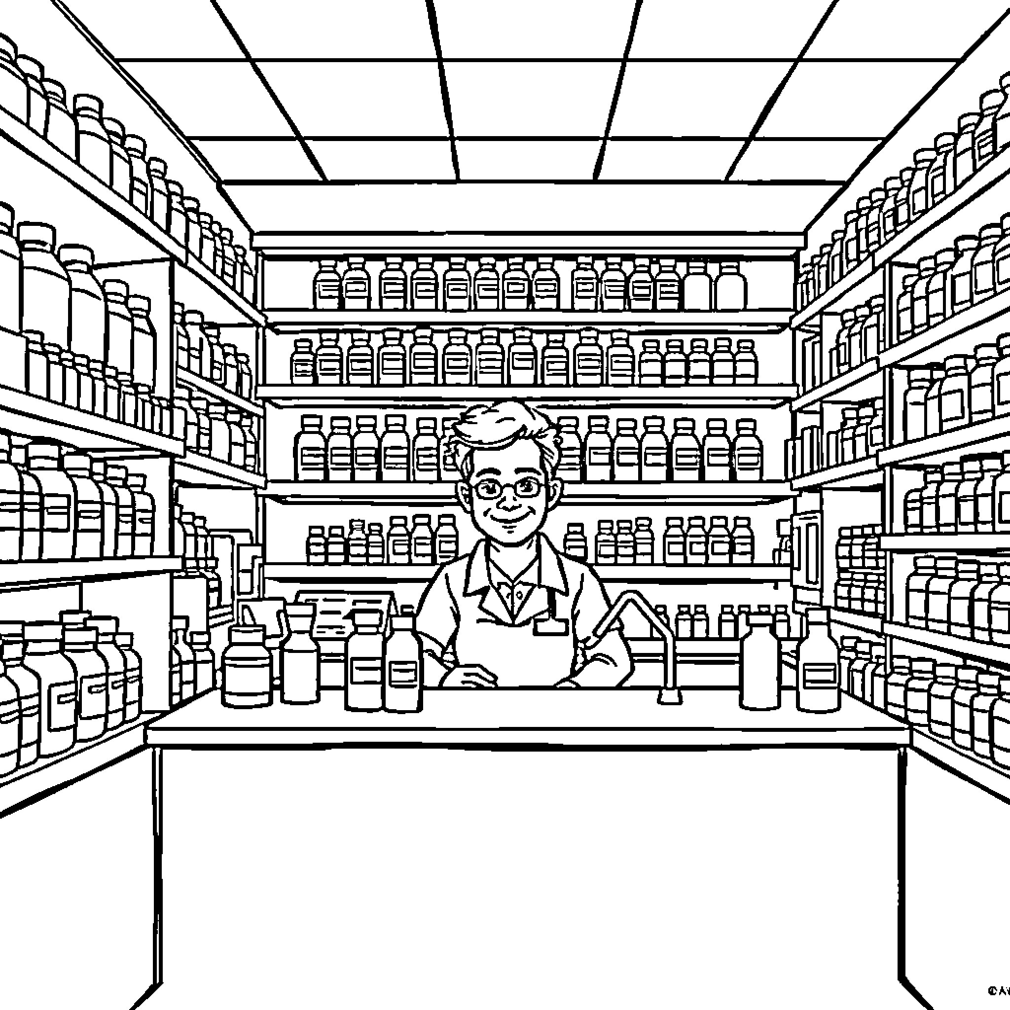 Pharmacy Shelves with Smiling Pharmacist Coloring Page (free black-and-white line drawing printable PDF for all, from beginners to advanced learners, including children, teens, adults, and seniors)