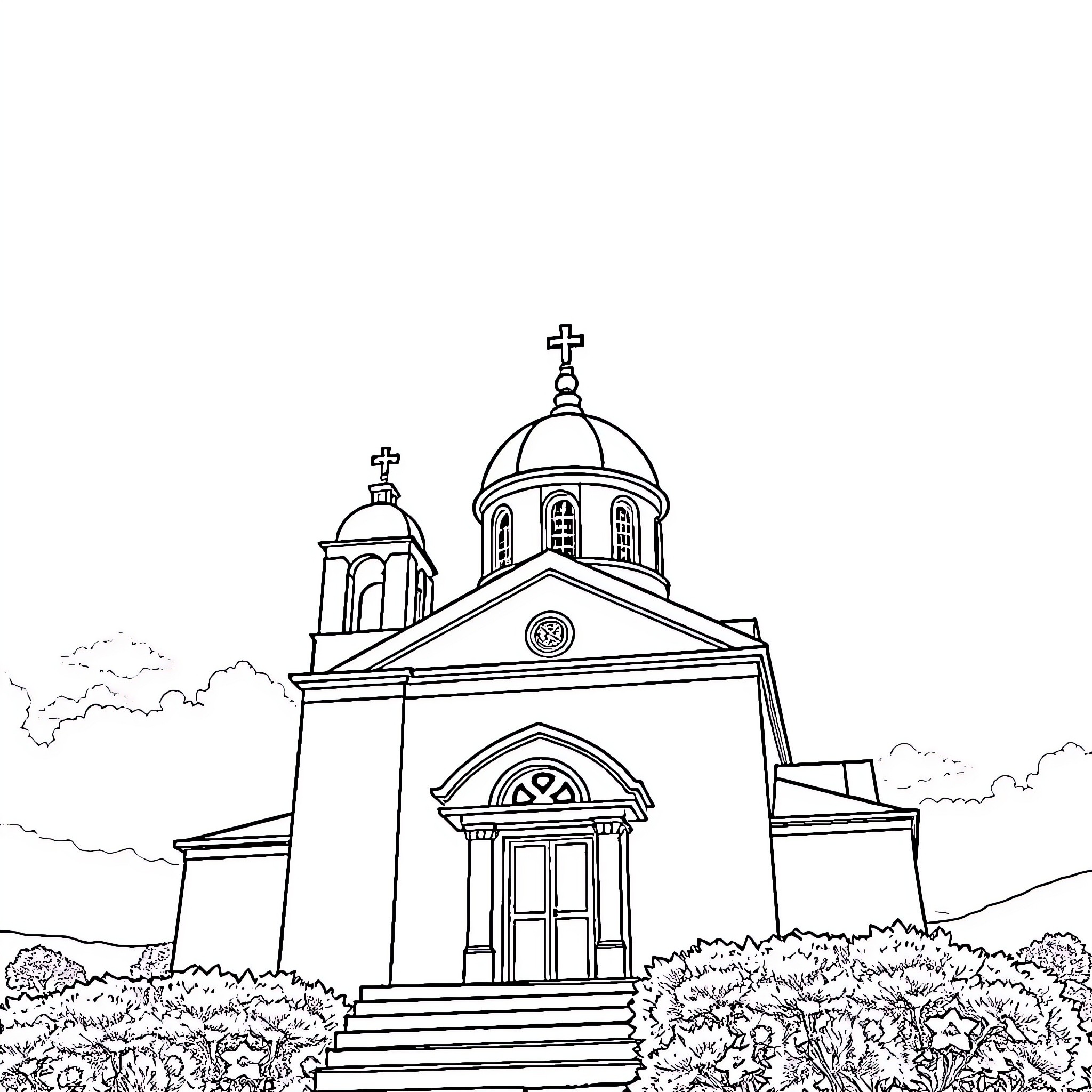 Church with Ornate Domes and Entrance Coloring Page (free black-and-white line drawing printable PDF for all, from beginners to advanced learners, including children, teens, adults, and seniors)