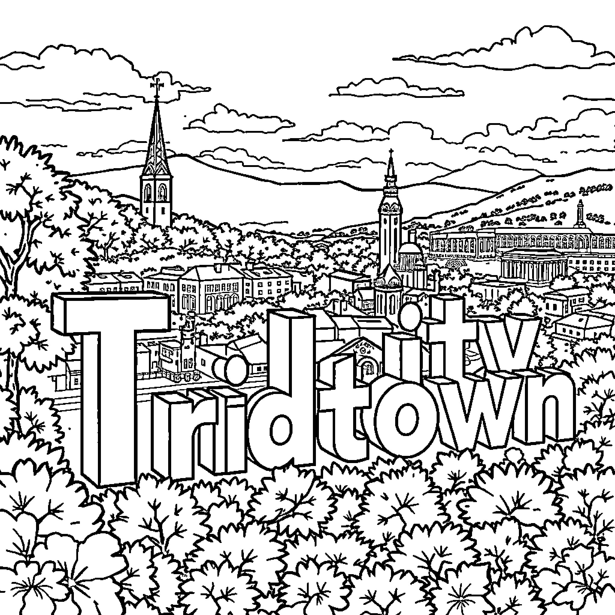 City skyline with buildings and landmarks Coloring Page (free black-and-white line drawing printable PDF for all, from beginners to advanced learners, including children, teens, adults, and seniors)