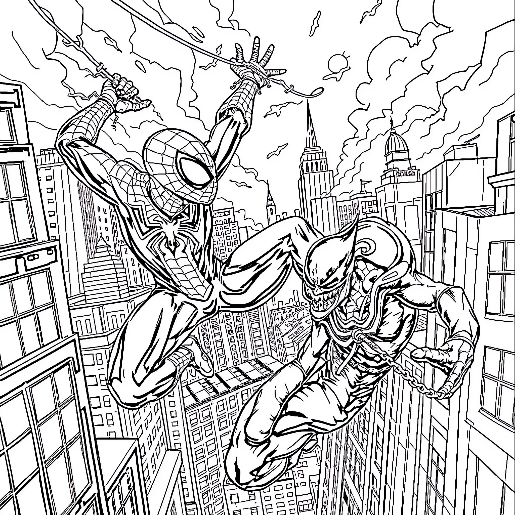 Spiderman swinging through a city skyline Coloring Page (free black-and-white line drawing printable PDF for all, from beginners to advanced learners, including children, teens, adults, and seniors)