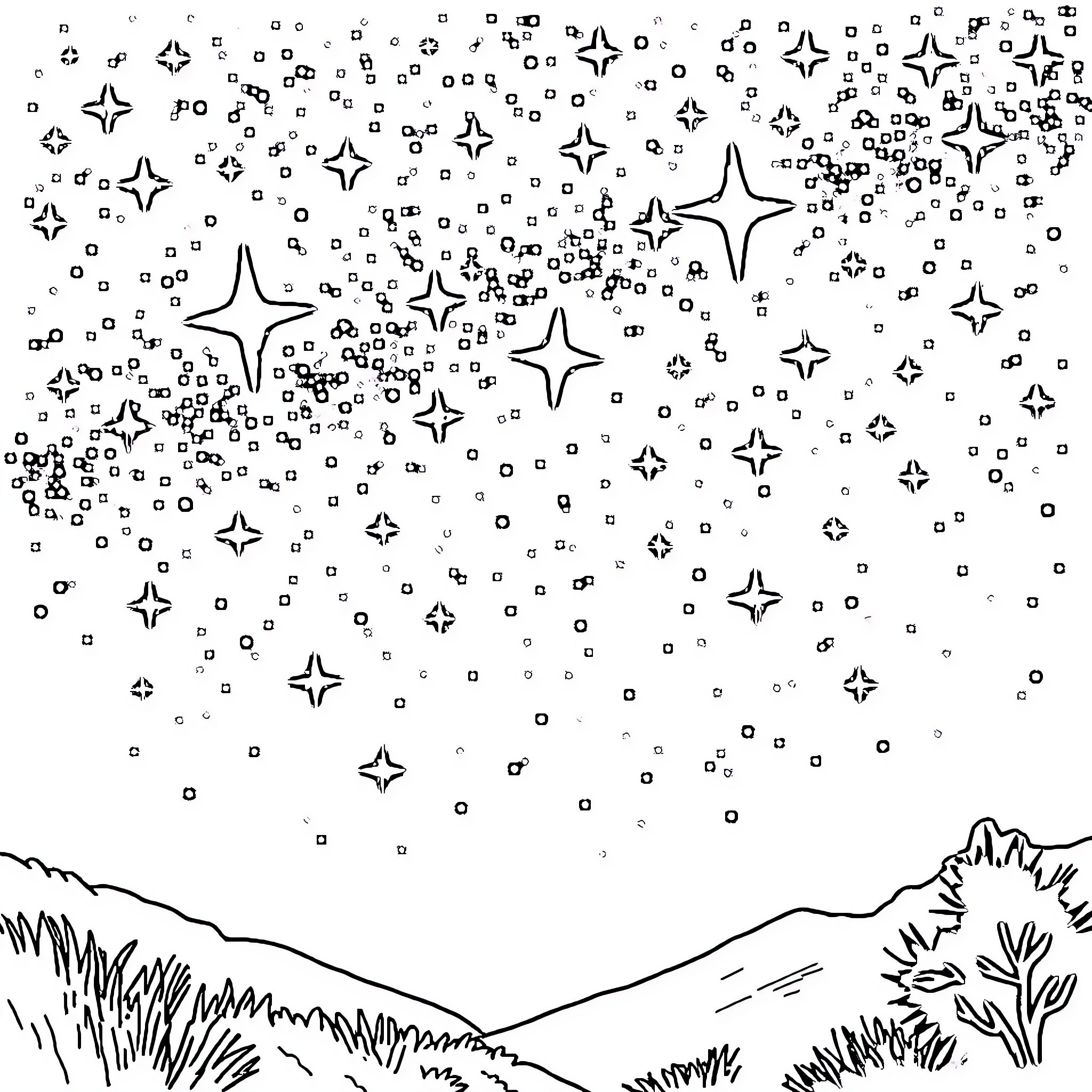 Star Night Sky above Grassy Landscape Coloring Page (free black-and-white line drawing printable PDF for all, from beginners to advanced learners, including children, teens, adults, and seniors)