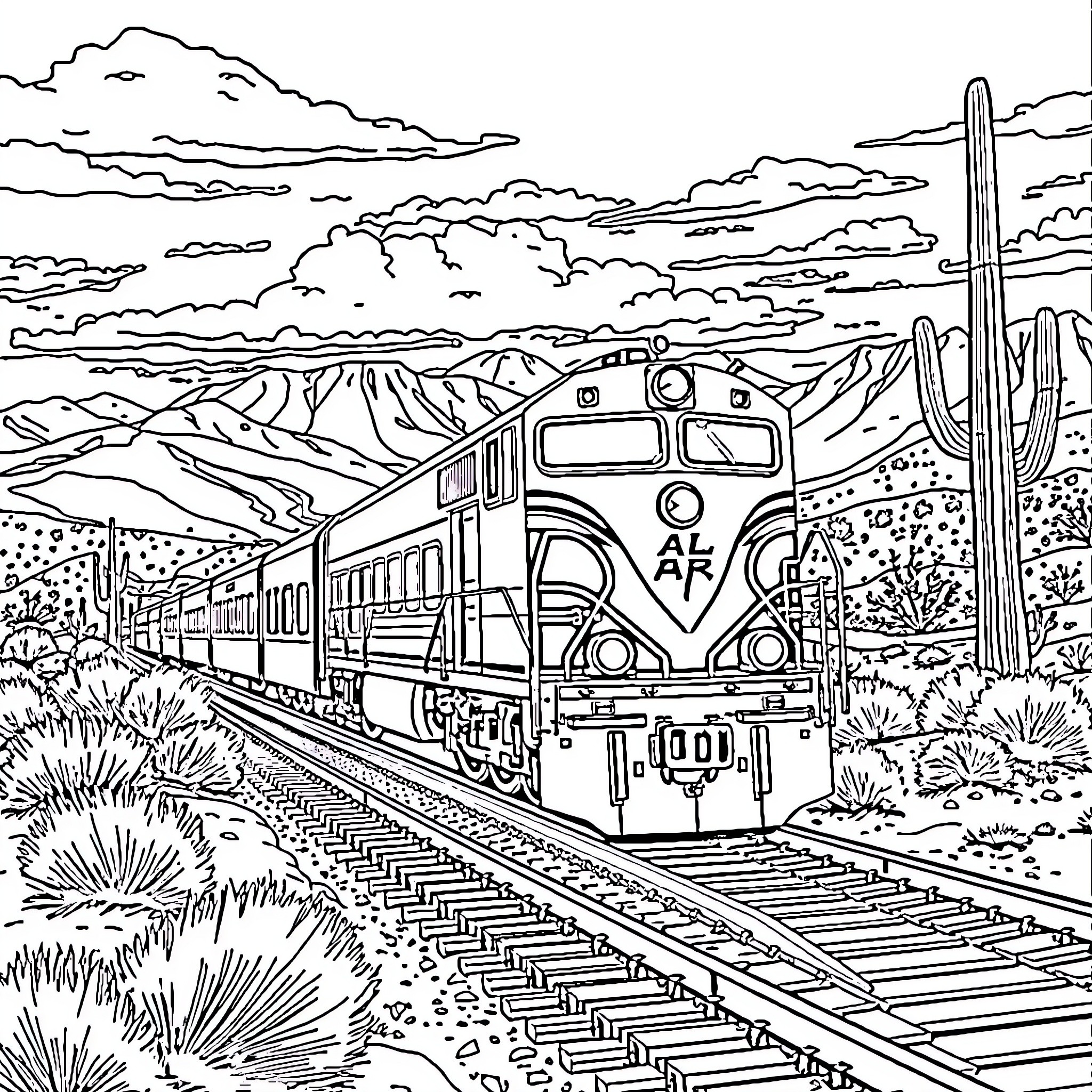 Train traveling through picturesque desert landscape Coloring Page (free black-and-white line drawing printable PDF for all, from beginners to advanced learners, including children, teens, adults, and seniors)