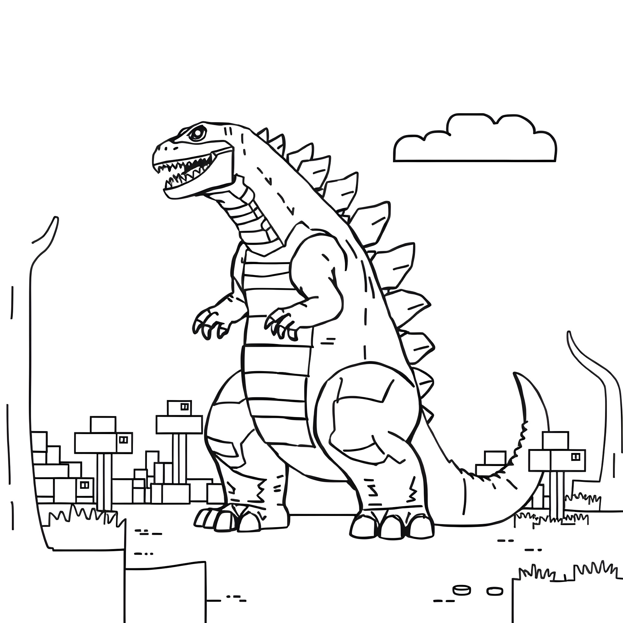 Godzilla trampling through a cityscape Coloring Page (free black-and-white line drawing printable PDF for all, from beginners to advanced learners, including children, teens, adults, and seniors)
