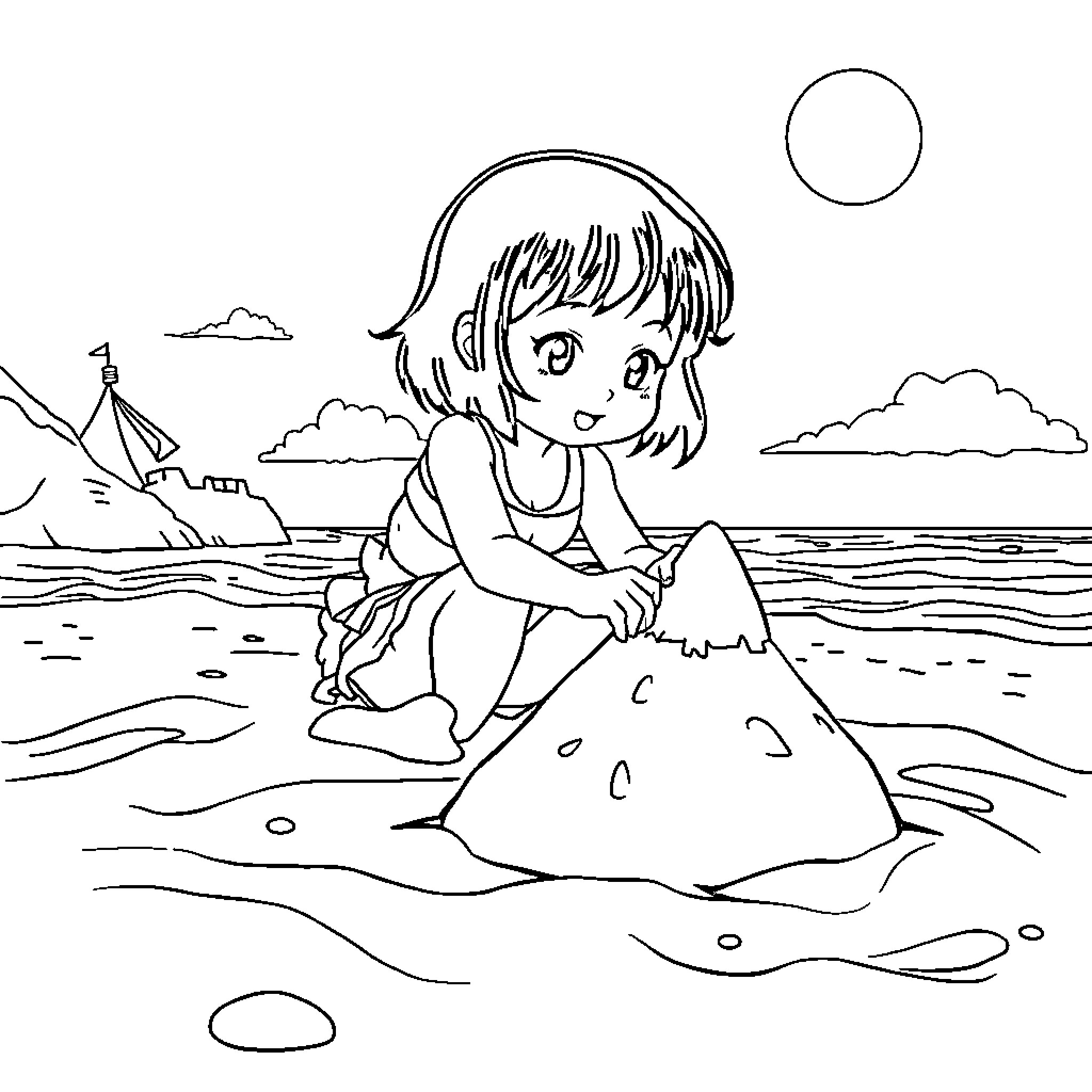 Kuromi playing happily at the beach Coloring Page (free black-and-white line drawing printable PDF for all, from beginners to advanced learners, including children, teens, adults, and seniors)