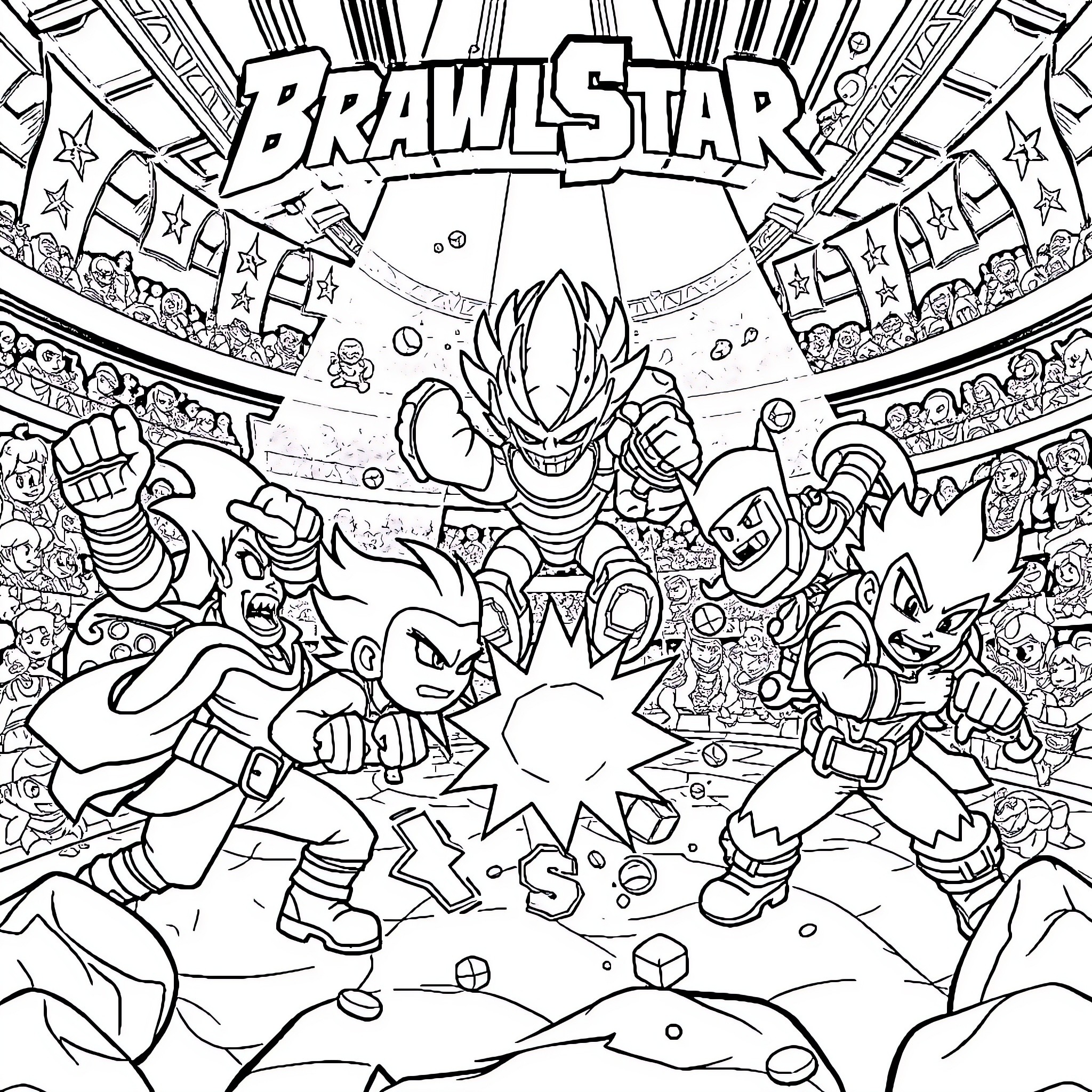 Brawlstar: Intense combat and action-packed scenes Coloring Page (free black-and-white line drawing printable PDF for all, from beginners to advanced learners, including children, teens, adults, and seniors)