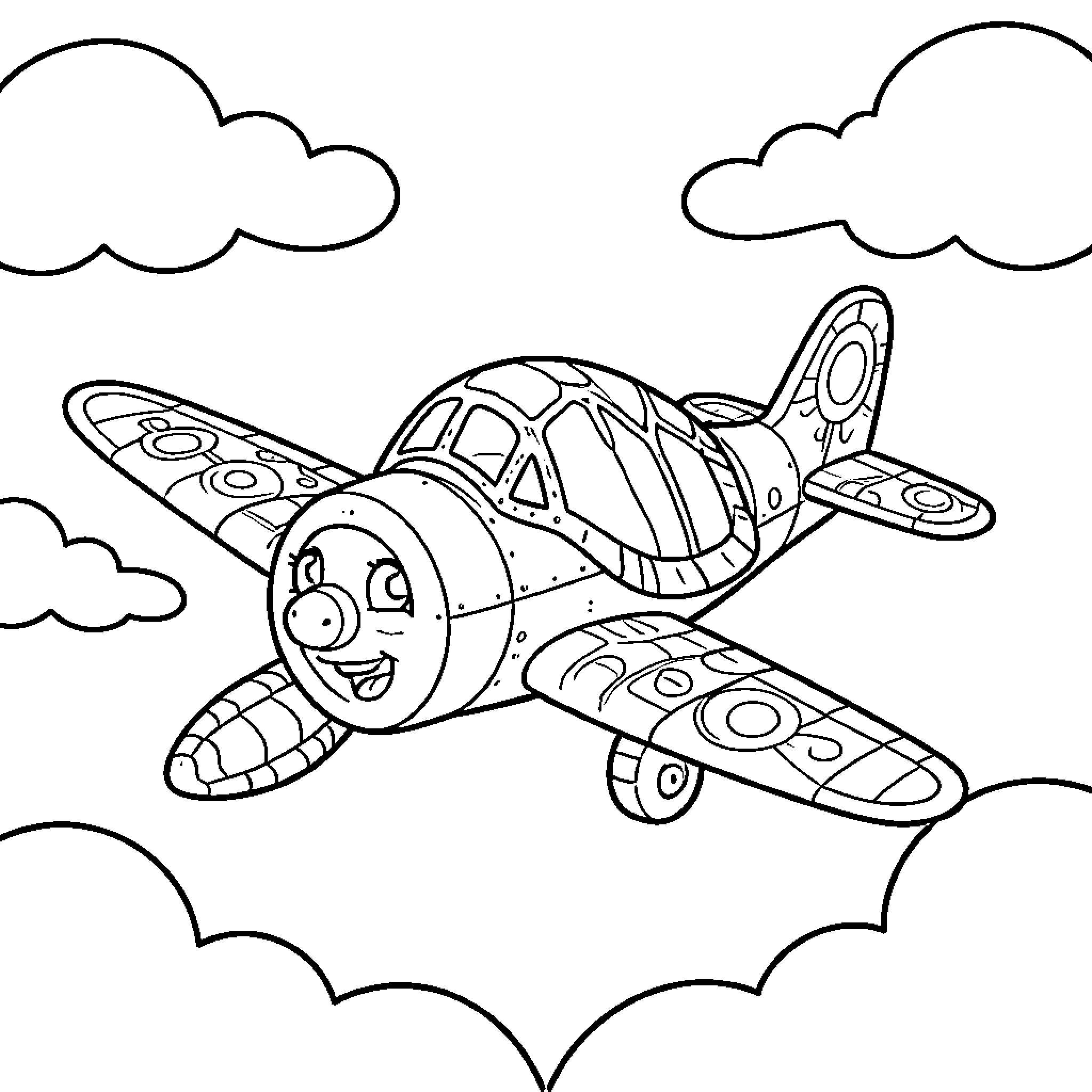 Turtle-shaped airplane soaring through the sky Coloring Page (free black-and-white line drawing printable PDF for all, from beginners to advanced learners, including children, teens, adults, and seniors)